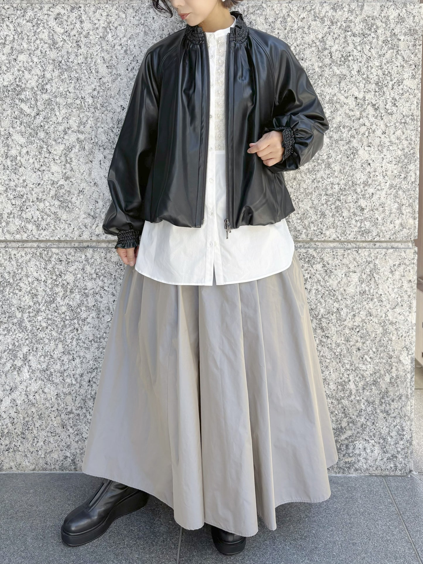MARILYN MOON ソフトエコレザーシャーリングバルーンブルゾン