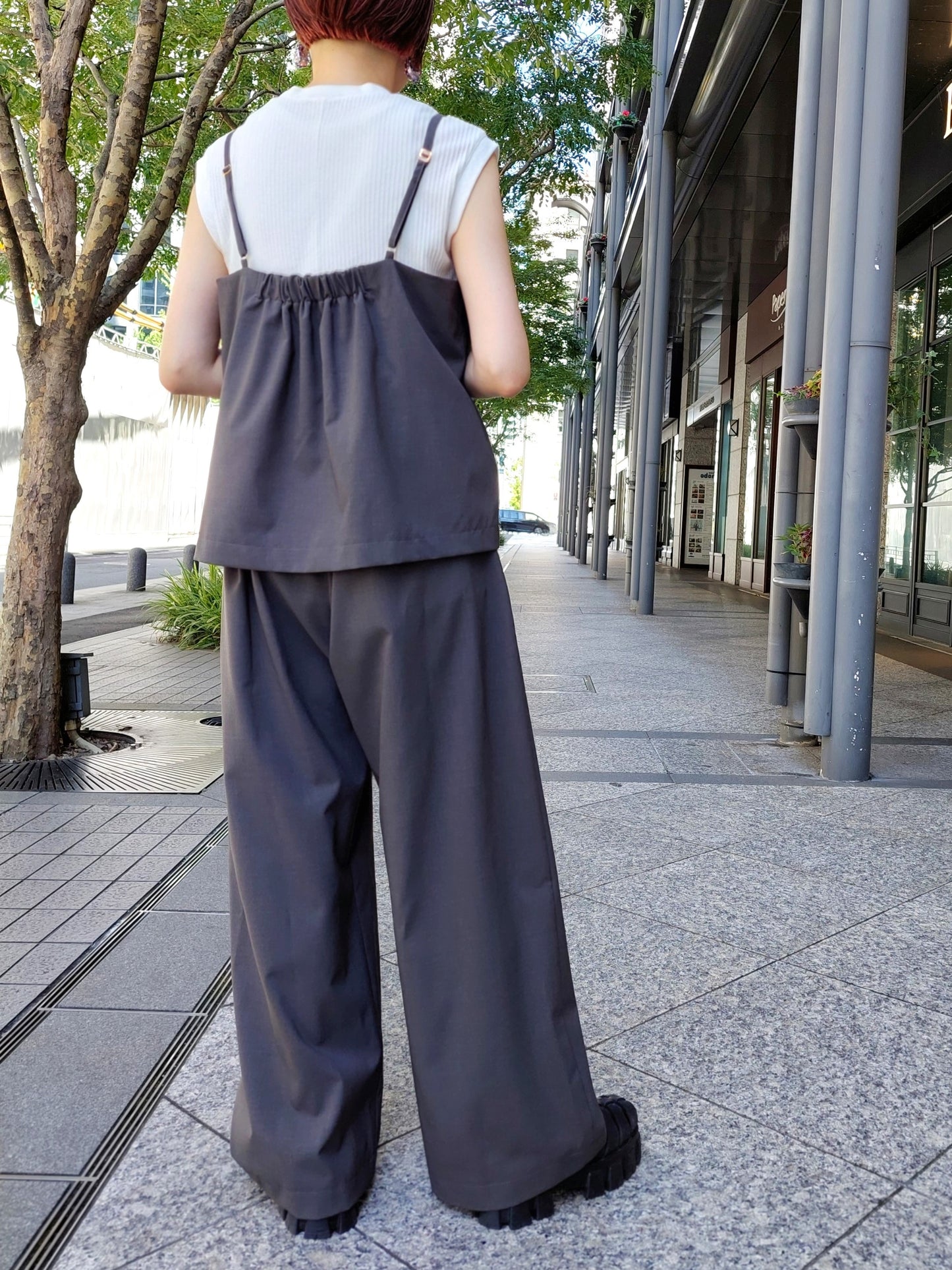 trois ウェザーストレッチビスチェドッキングワイドサロペット