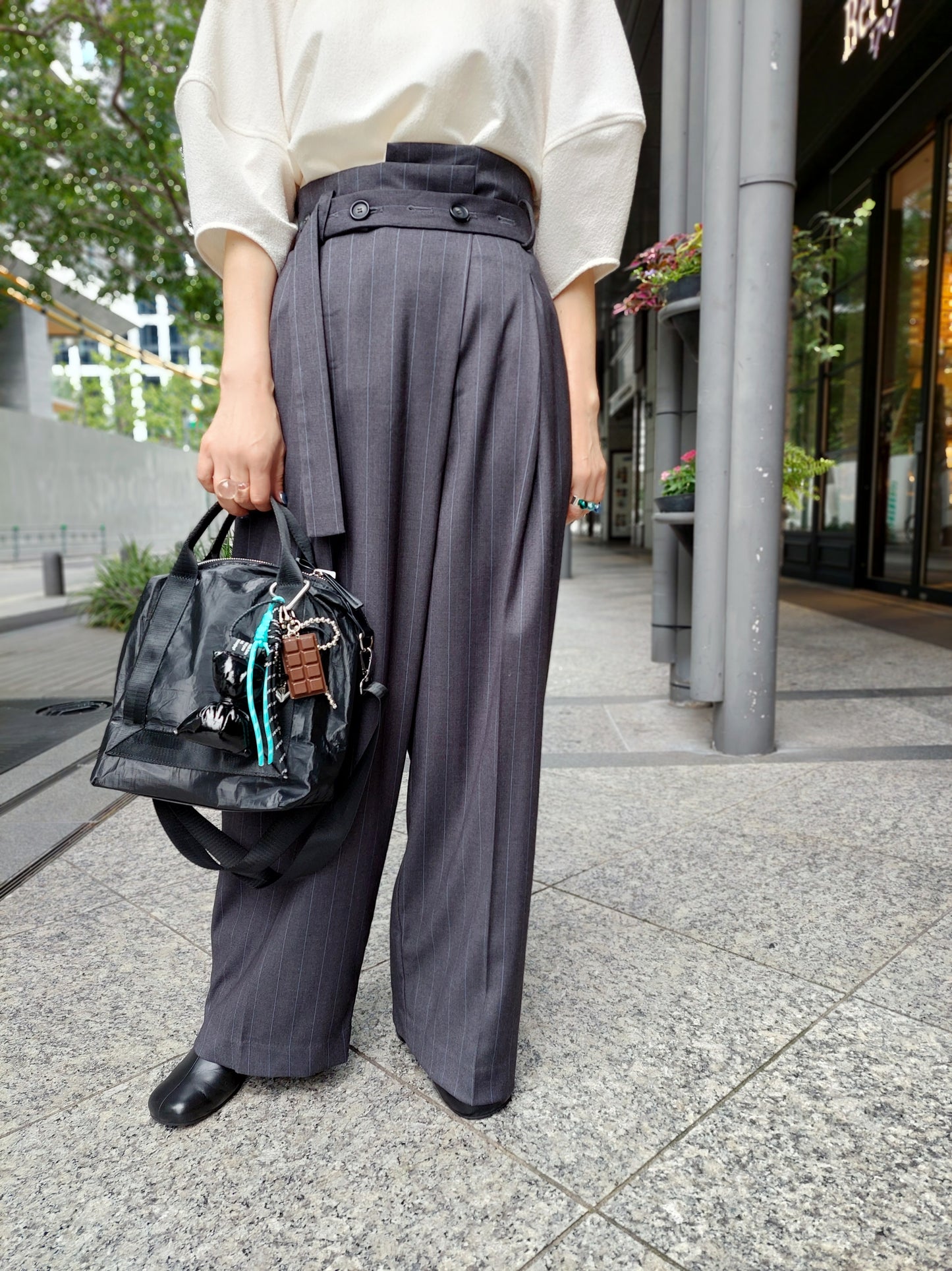 HERENCIA ウールライクストレッチハイウエストワイドパンツ