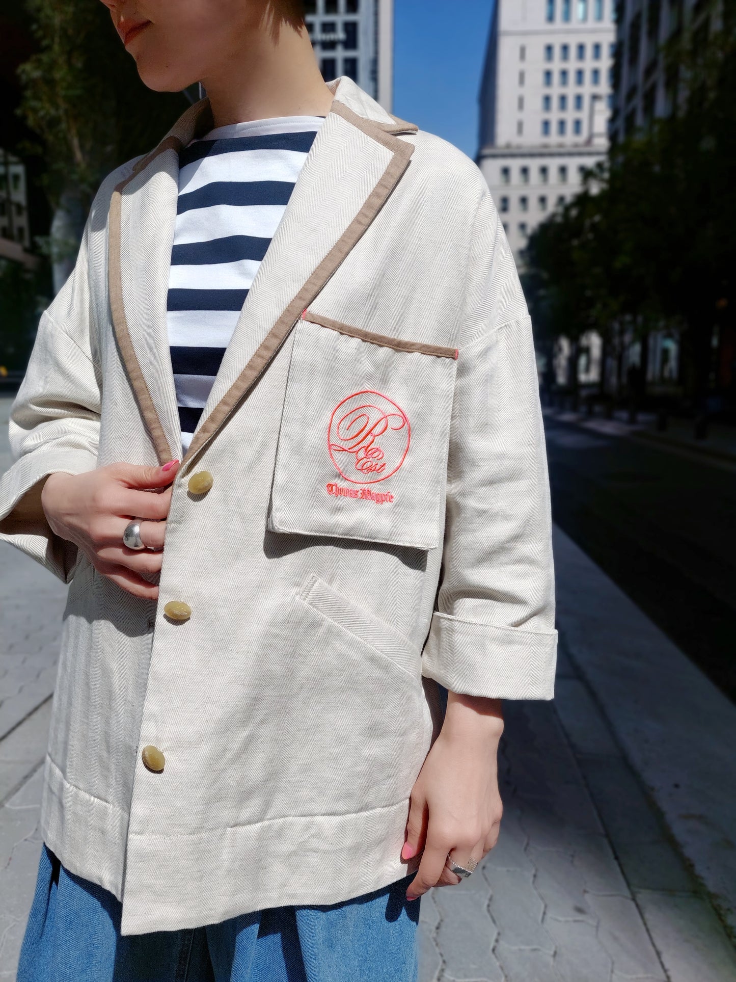 THOMAS MAGPIE コットンリネンヘリンボーンパイピングテーラードジャケット