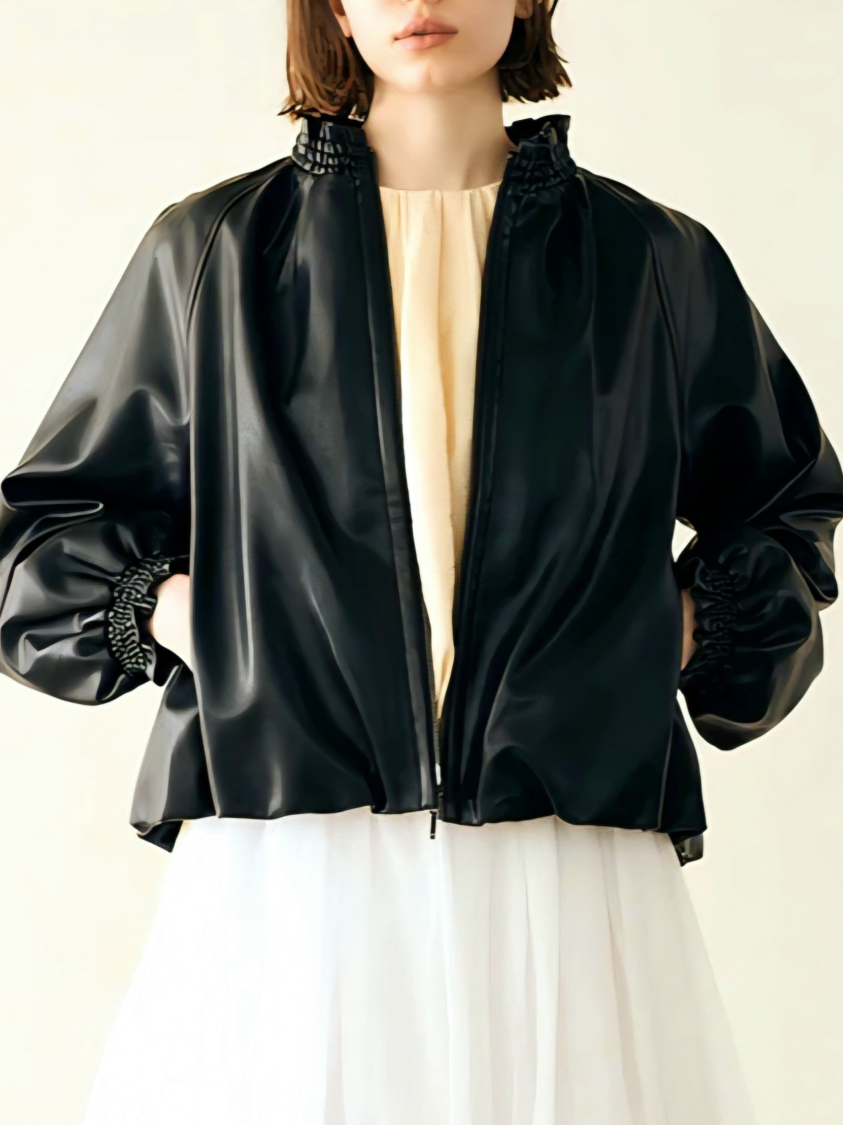 MARILYN MOON ソフトエコレザーシャーリングバルーンブルゾン