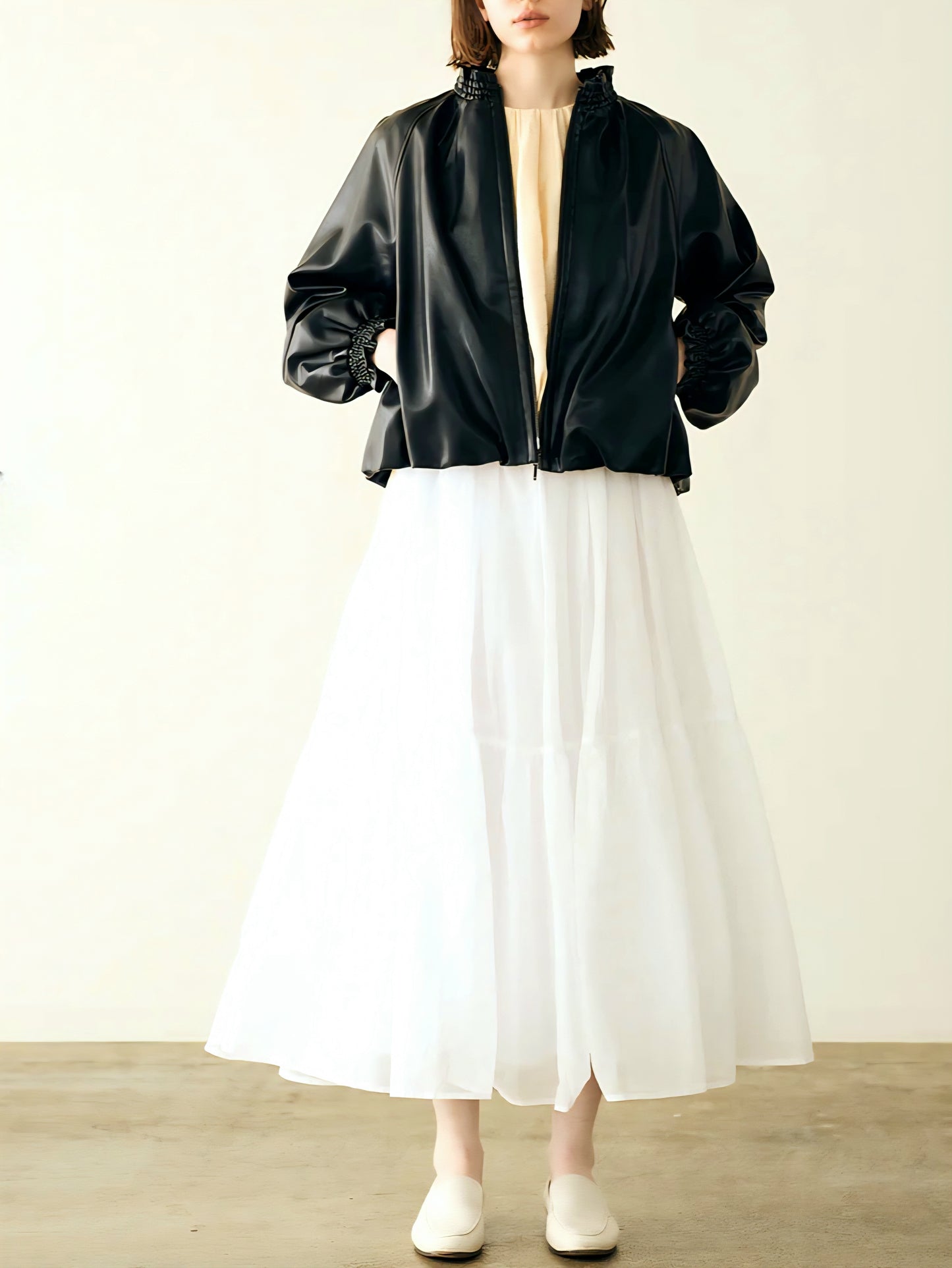 MARILYN MOON ソフトエコレザーシャーリングバルーンブルゾン