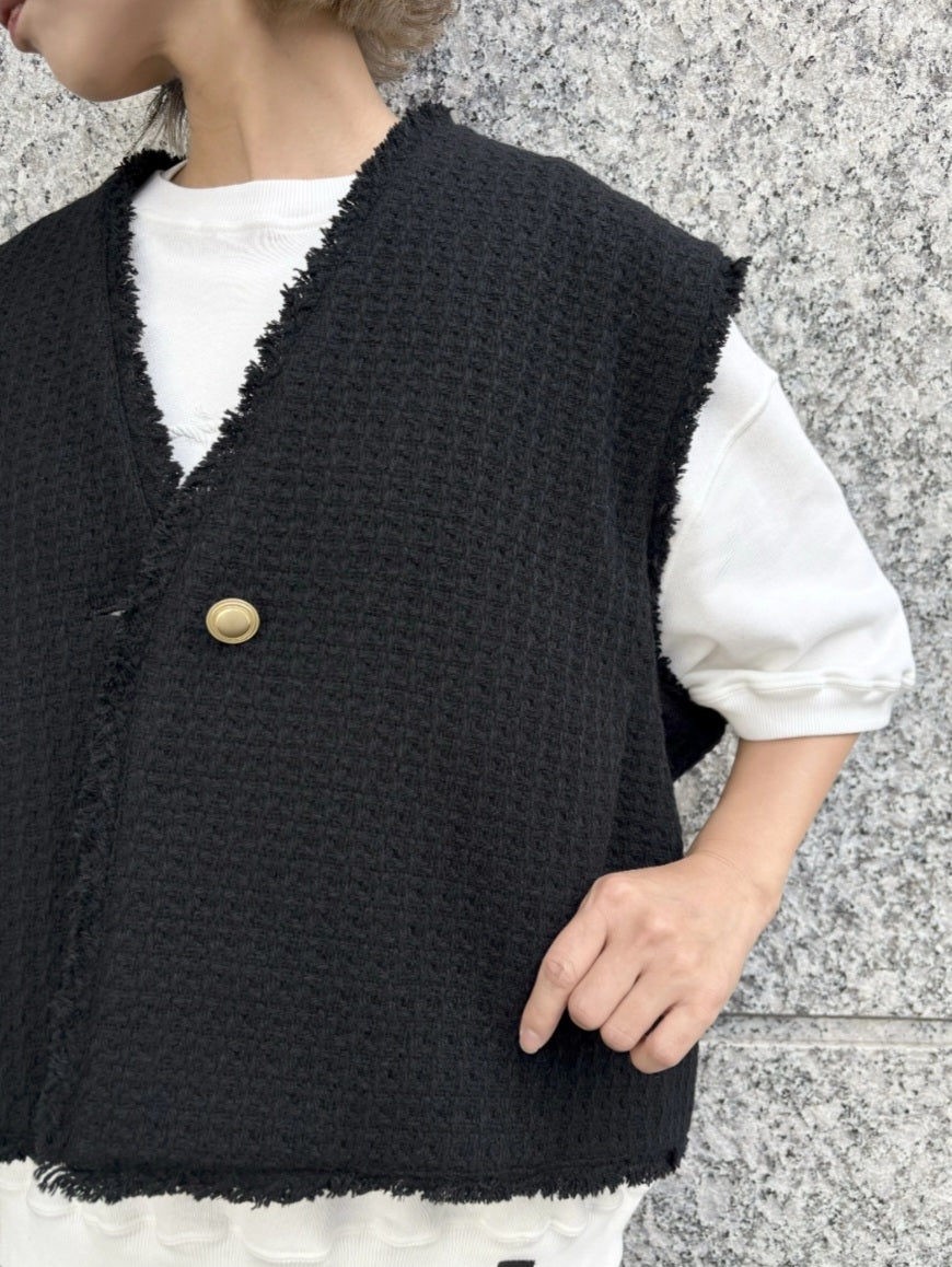 STELLA CIFFON ワッフルツイードフリンジコクーンショートジレ