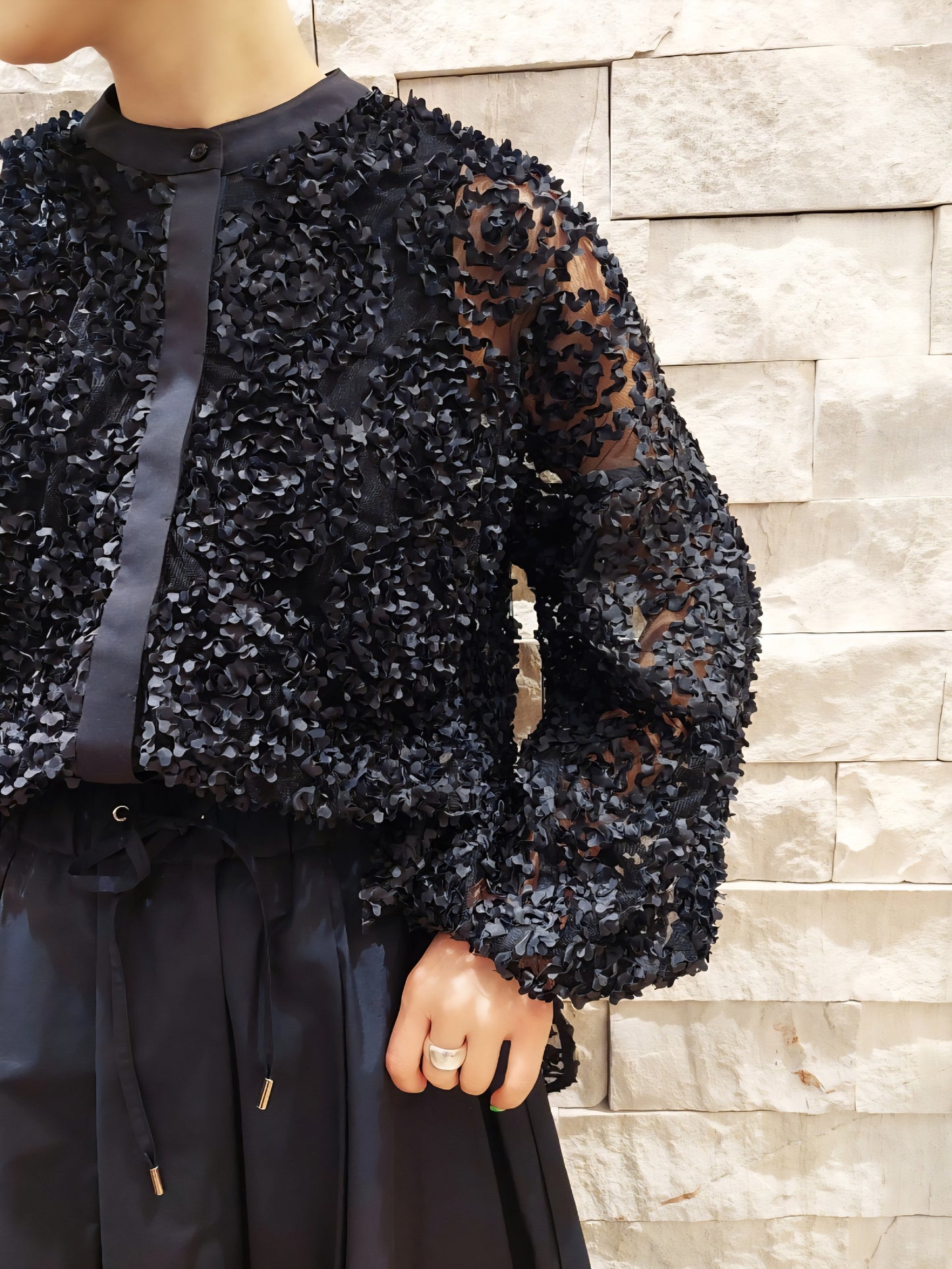 TORRAZZO DONNA フラワーレースバンドカラーふわ袖チュールブラウス