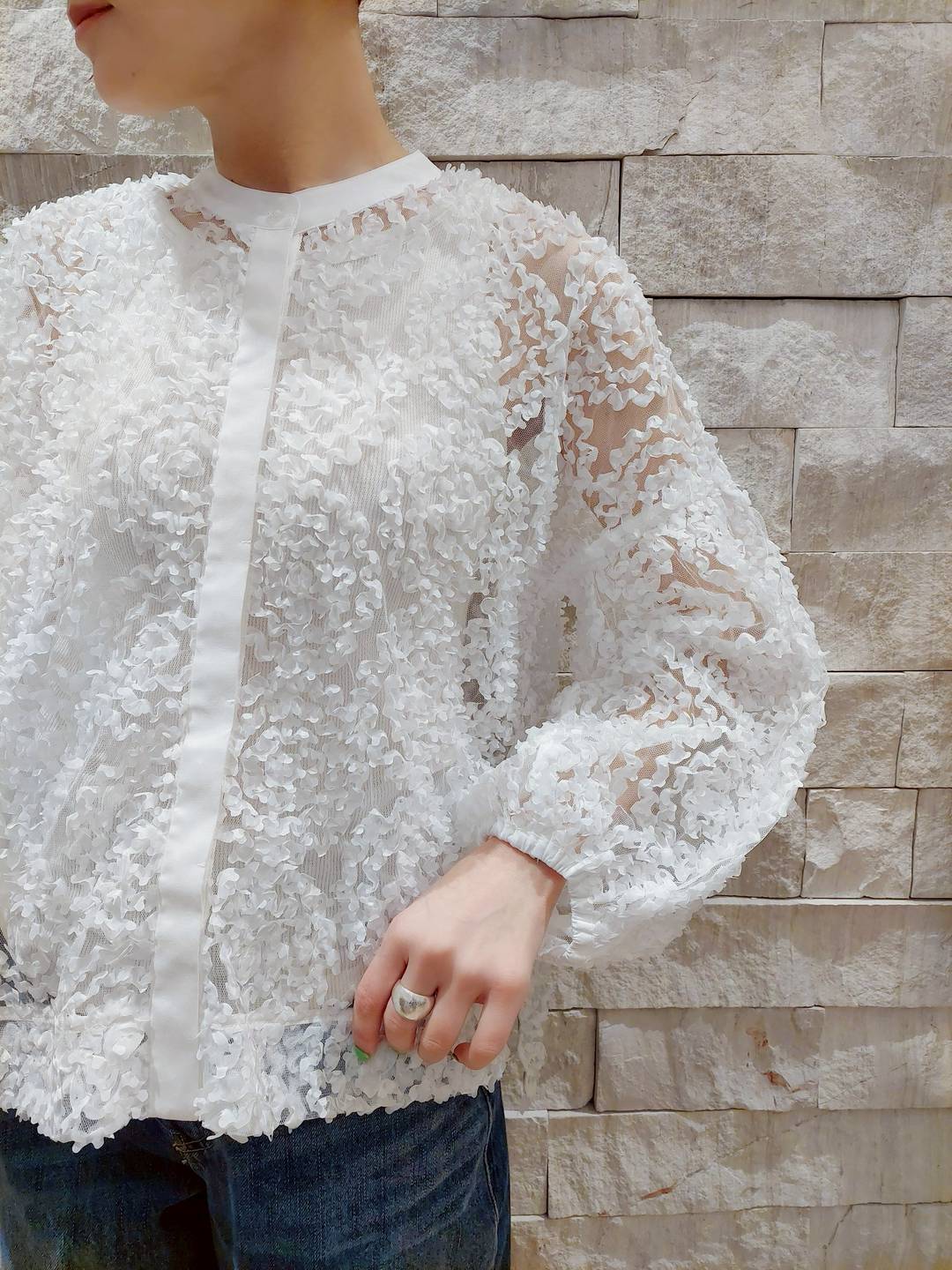 TORRAZZO DONNA フラワーレースバンドカラーふわ袖チュールブラウス