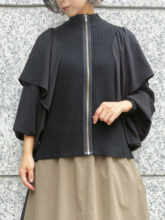 【期間限定SALE】１％　ティアードボリュームスリーブ切替ZIPハイネックニット