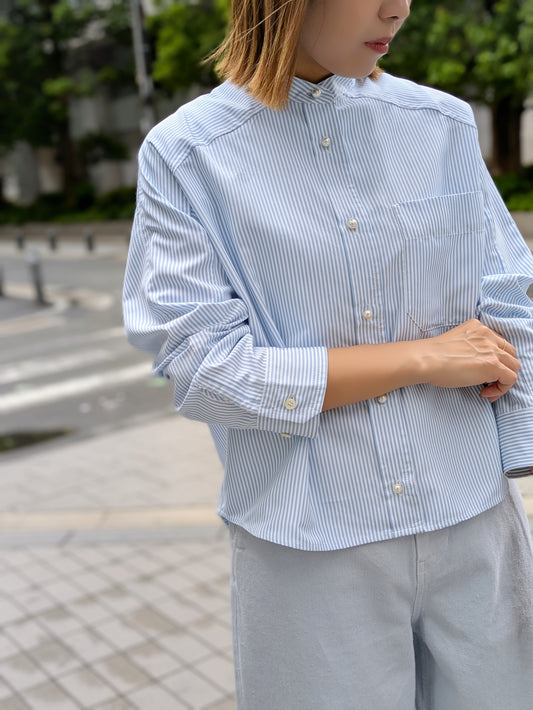 BLANC basque　パールボタンストライプバンドカラーシャツ