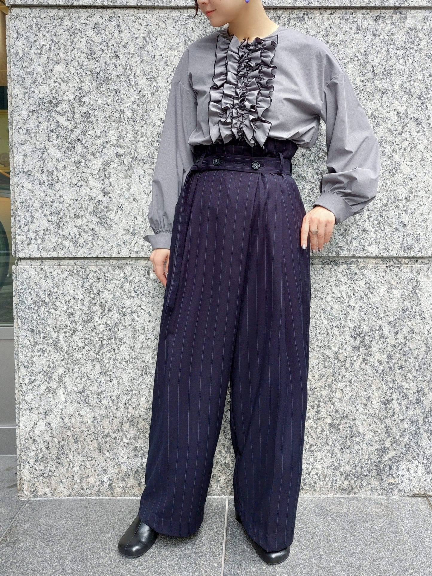 HERENCIA　ウールライクストレッチハイウエストワイドパンツ