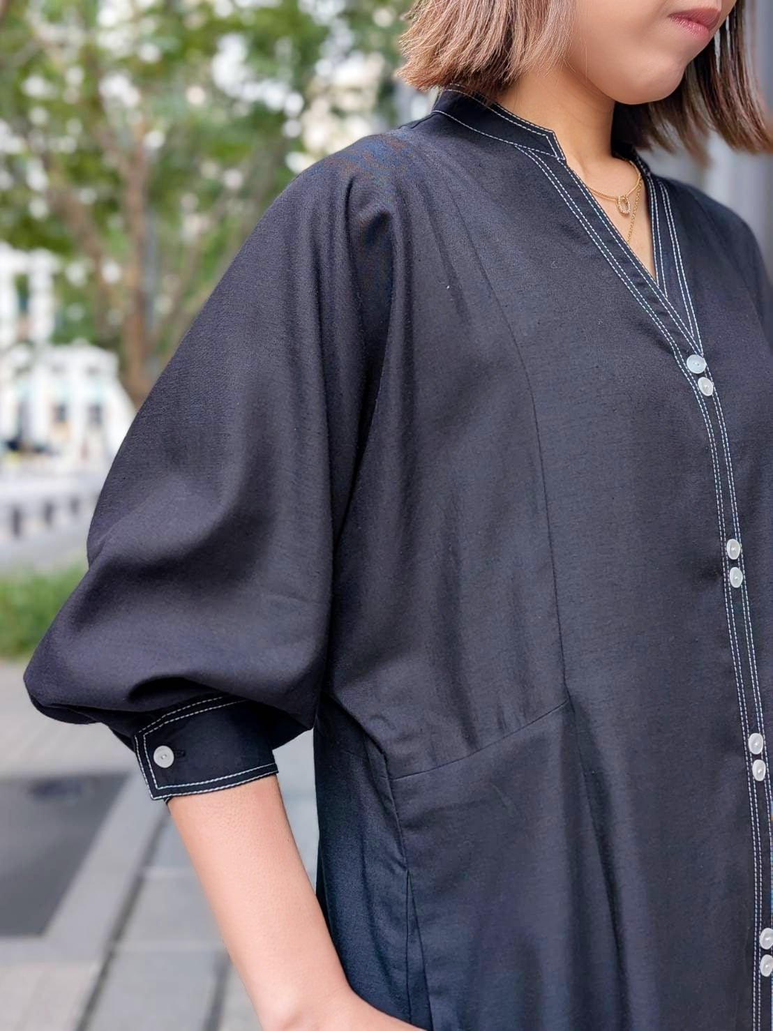 BRAHMIN バイカラーステッチドレープフレアワンピース