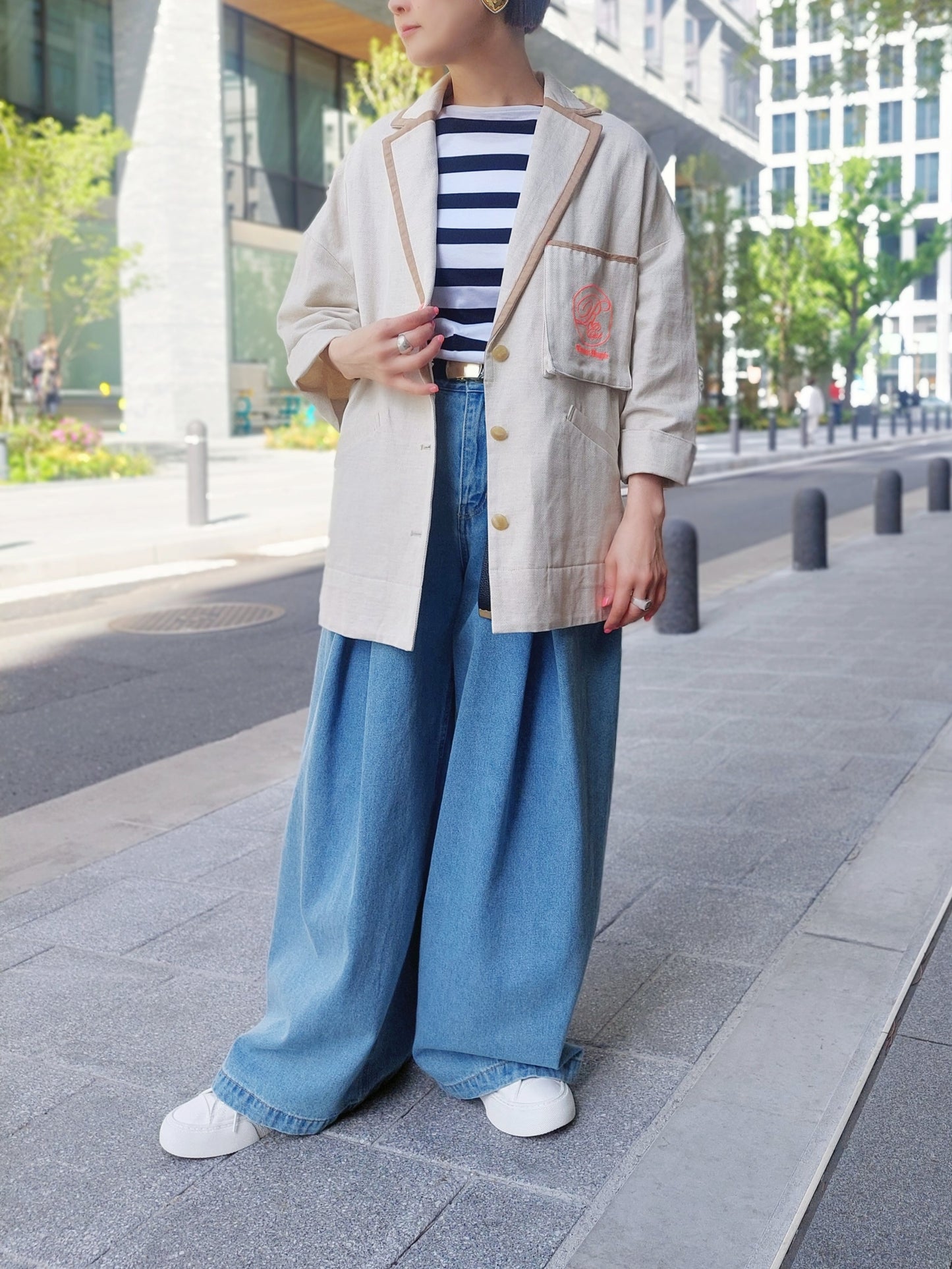 THOMAS MAGPIE　コットンリネンヘリンボーンパイピングテーラードジャケット