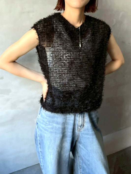 cafune;　シアーシャギーフレンチスリーブブラウス