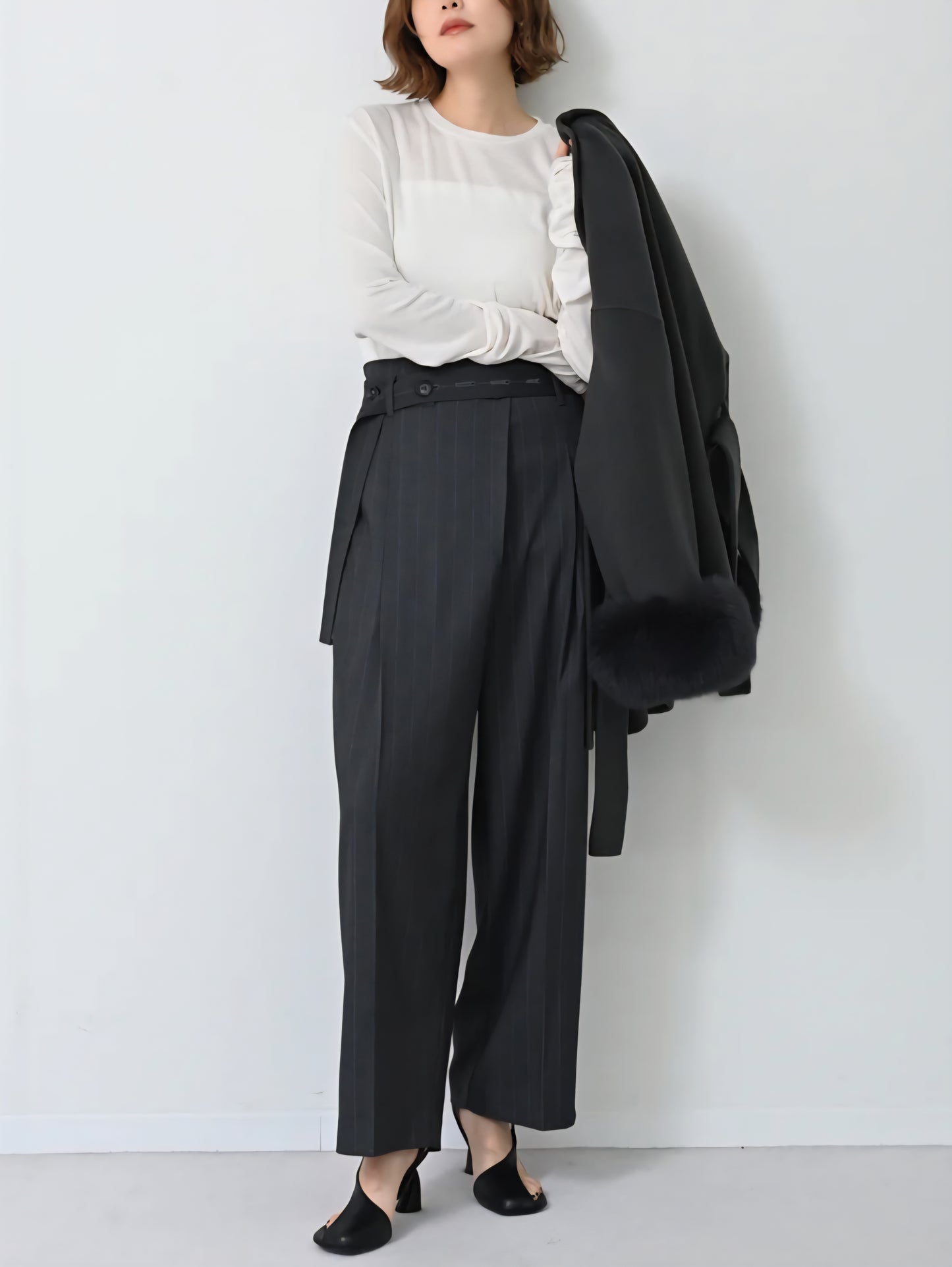 HERENCIA　ウールライクストレッチハイウエストワイドパンツ
