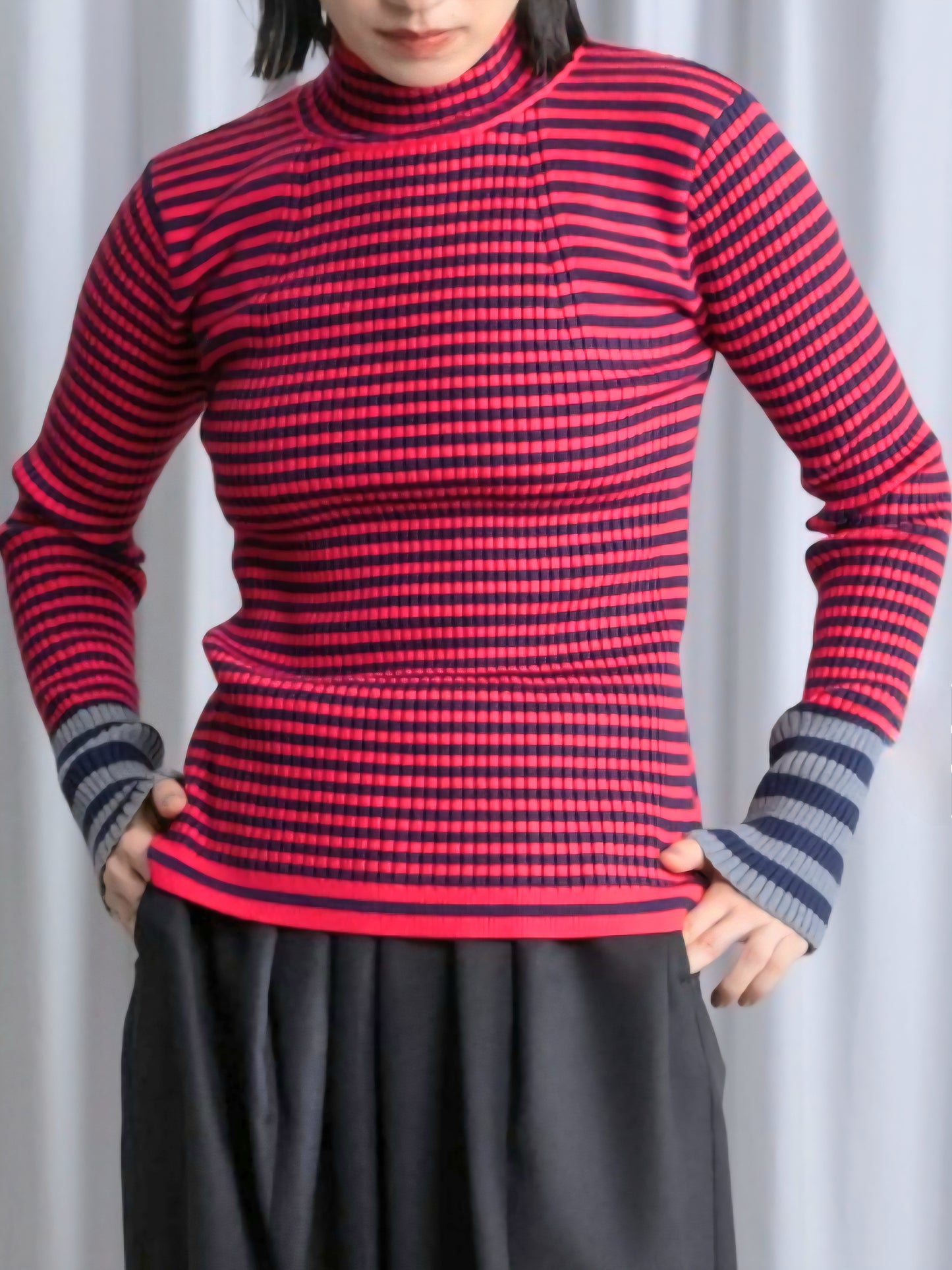 MARECHAL TERRE　配色マルチボーダーハイネックリブニット　