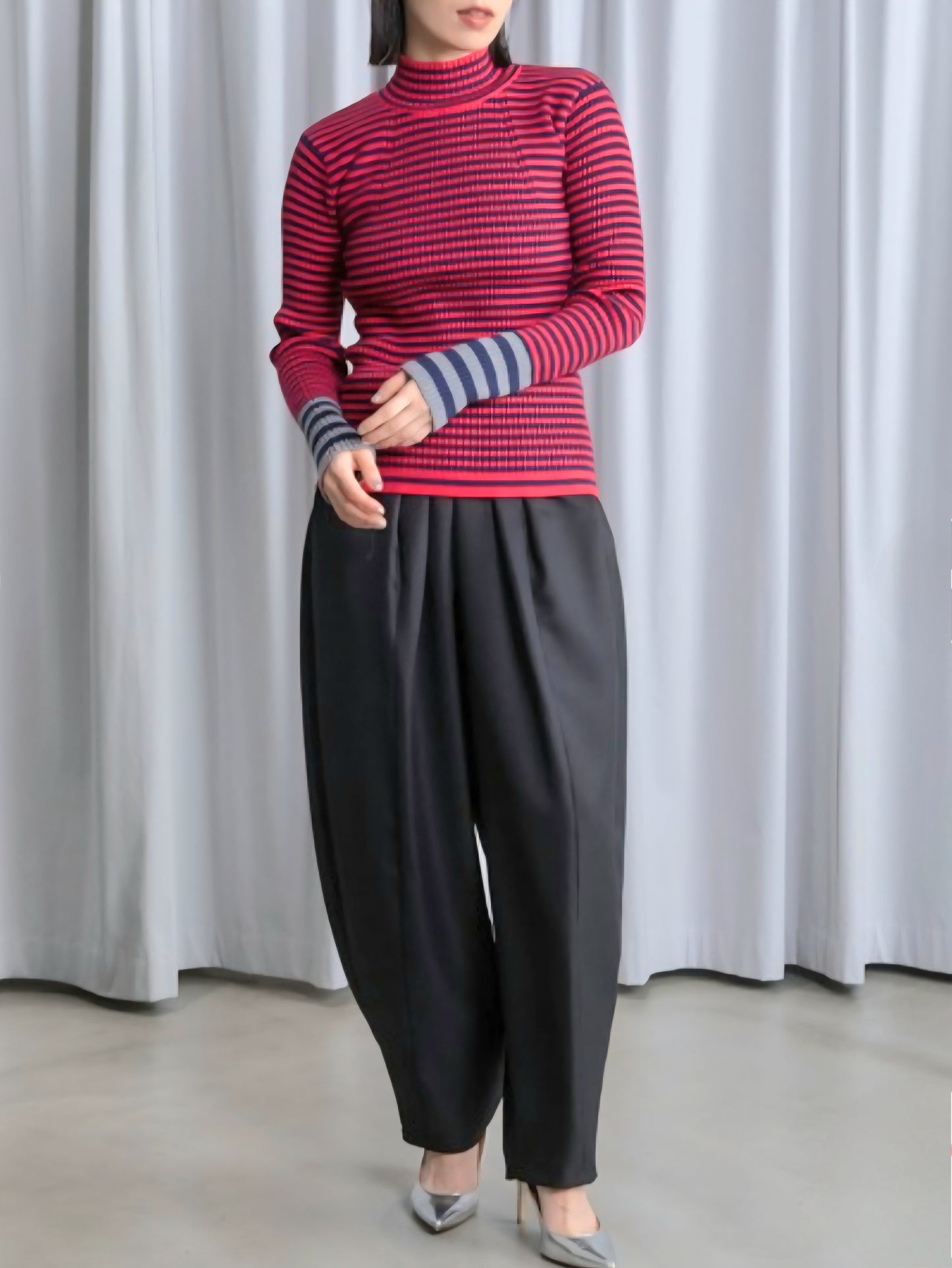 MARECHAL TERRE　配色マルチボーダーハイネックリブニット　