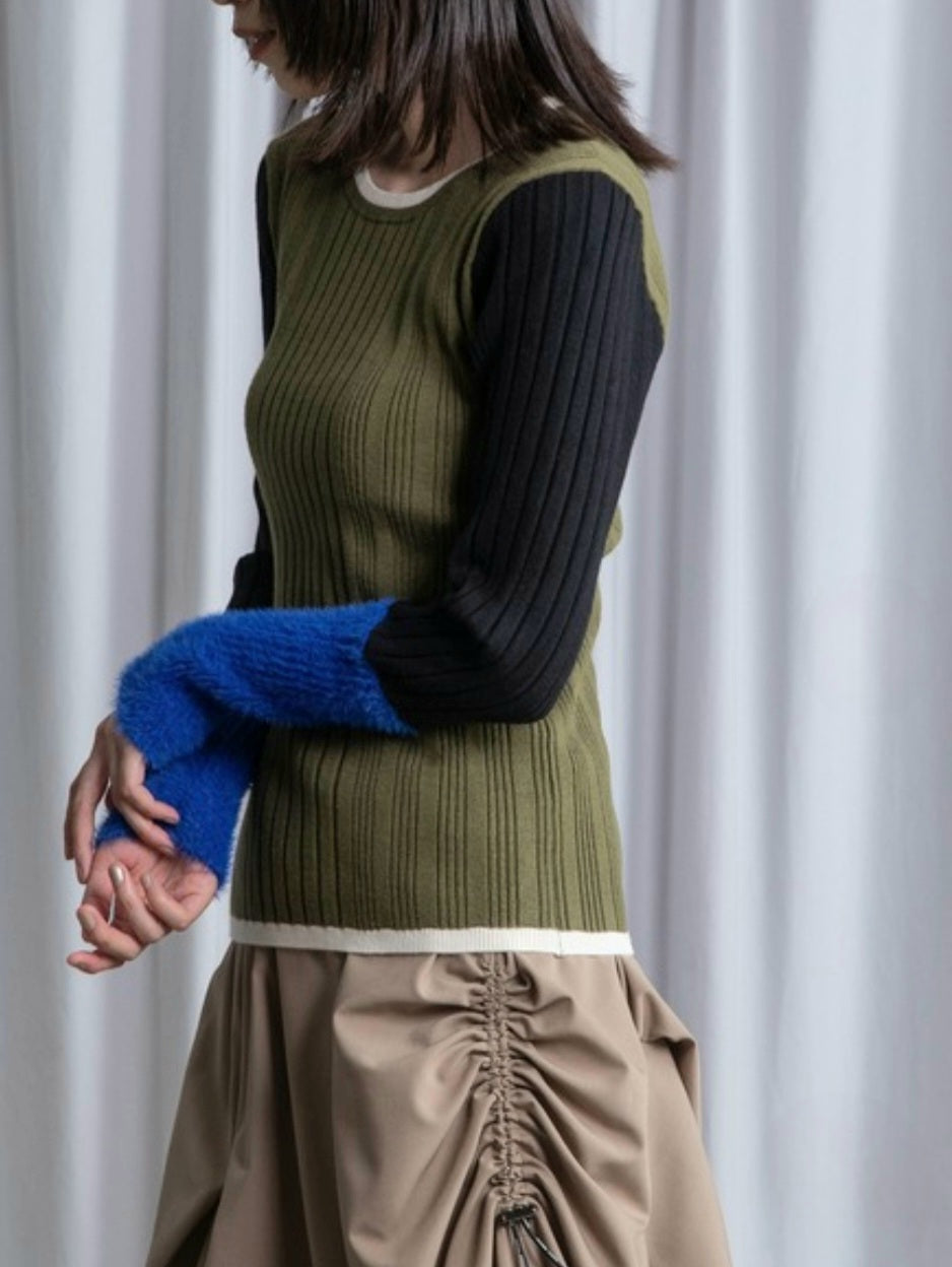 MARECHAL TERRE　配色ブロックシャギースリーブリブニット