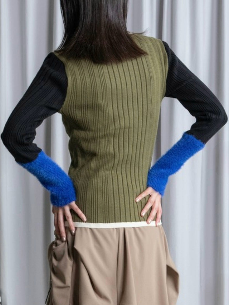 MARECHAL TERRE　配色ブロックシャギースリーブリブニット