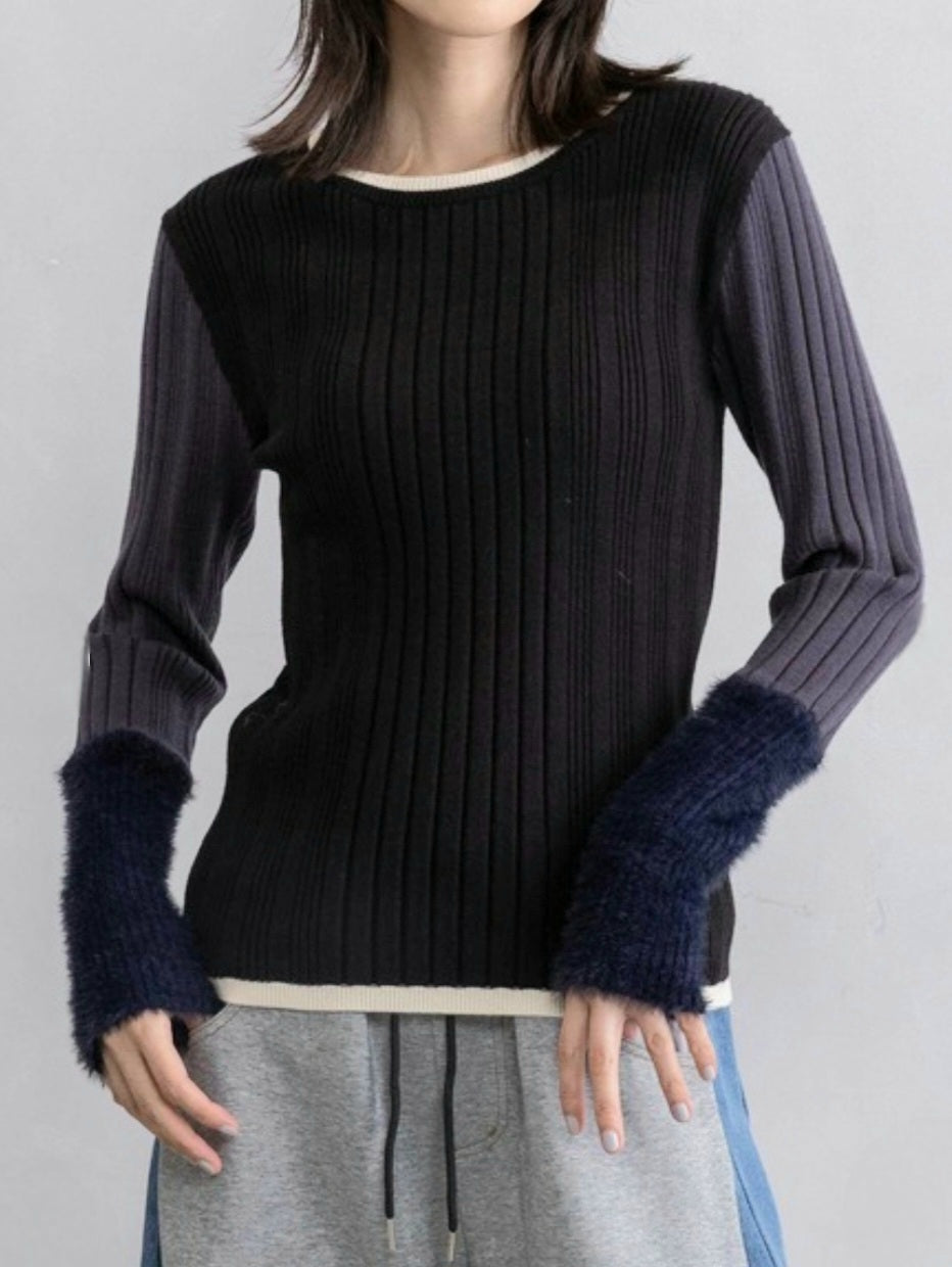 MARECHAL TERRE　配色ブロックシャギースリーブリブニット