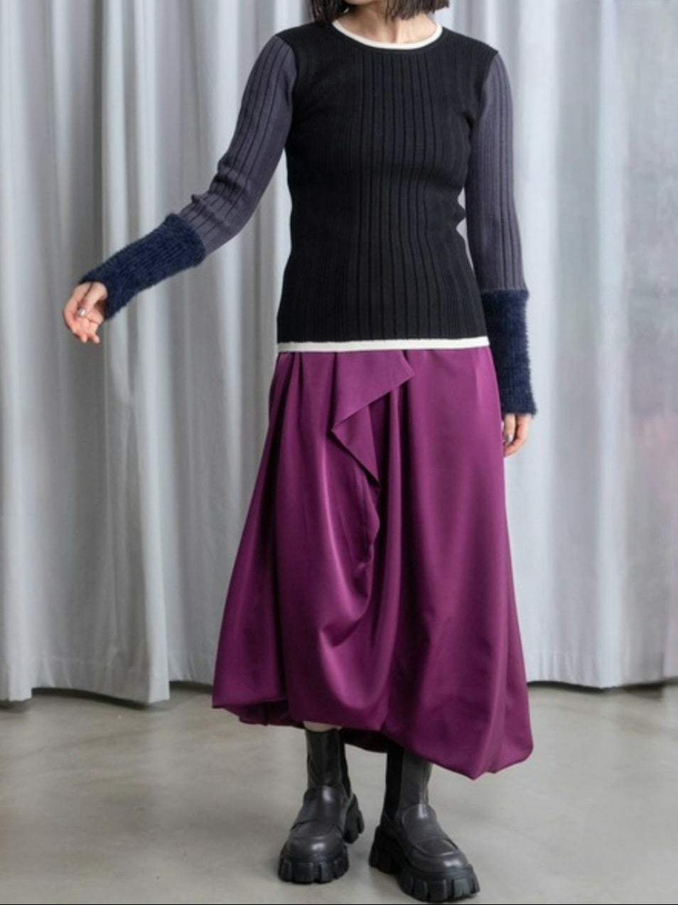 MARECHAL TERRE　配色ブロックシャギースリーブリブニット