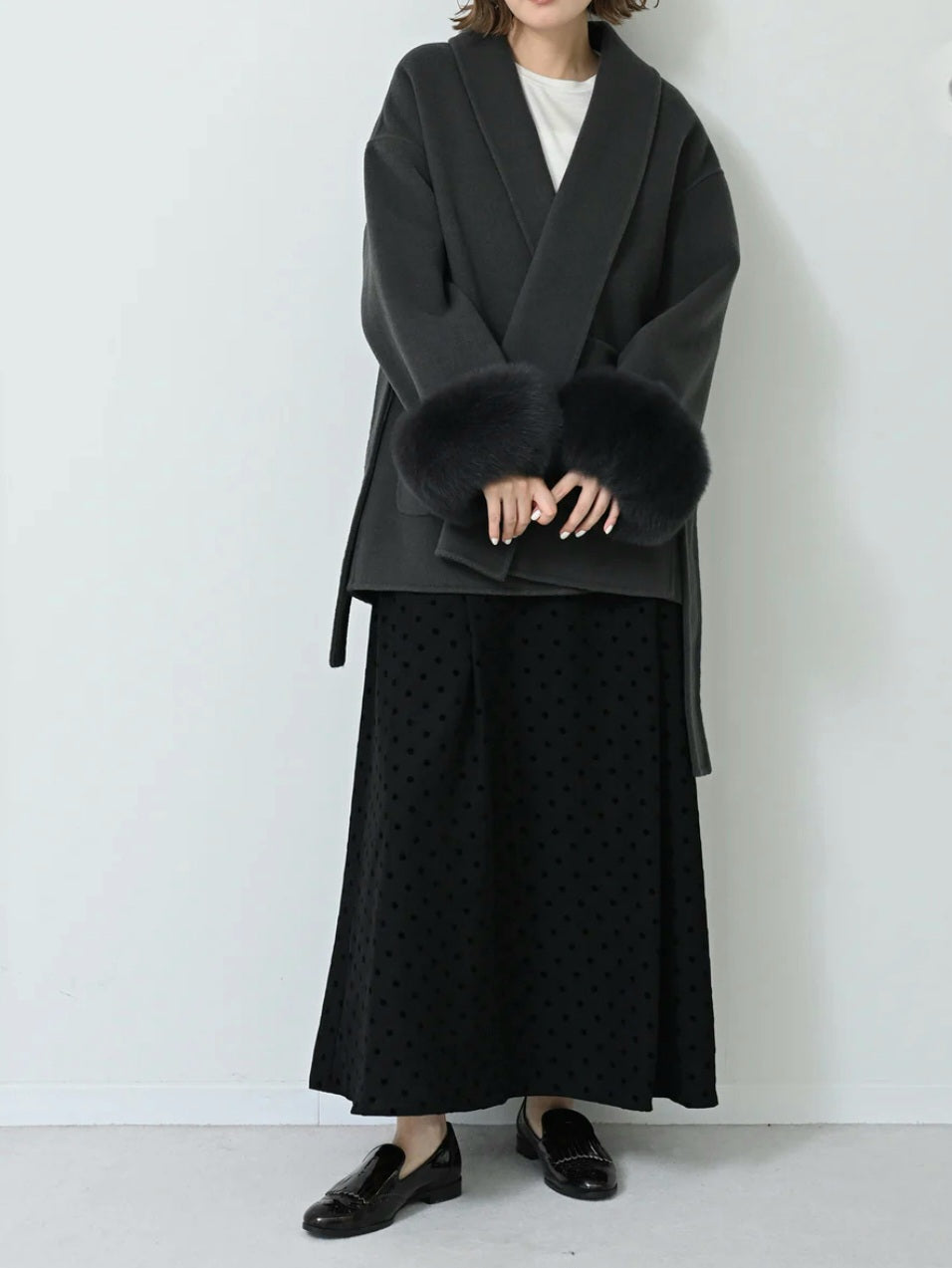 HERENCIA　ウールメルトンフォックスファースリーブショートコート