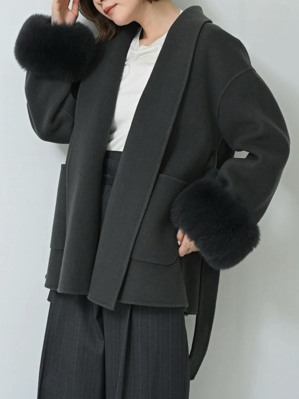 HERENCIA ウールメルトンフォックスファースリーブショートコート