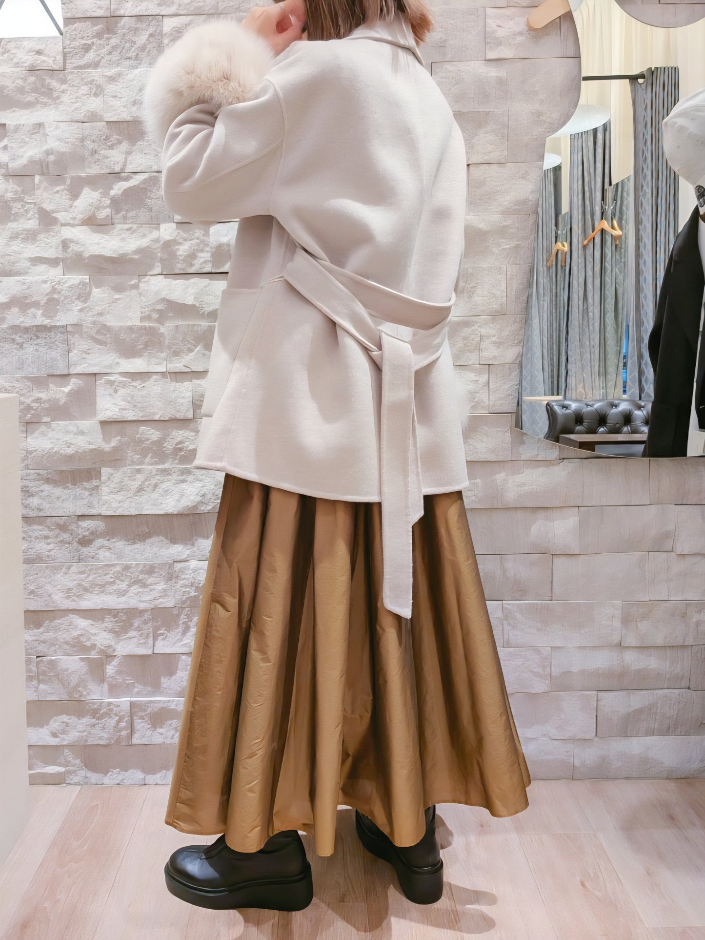 HERENCIA　ウールメルトンフォックスファースリーブショートコート