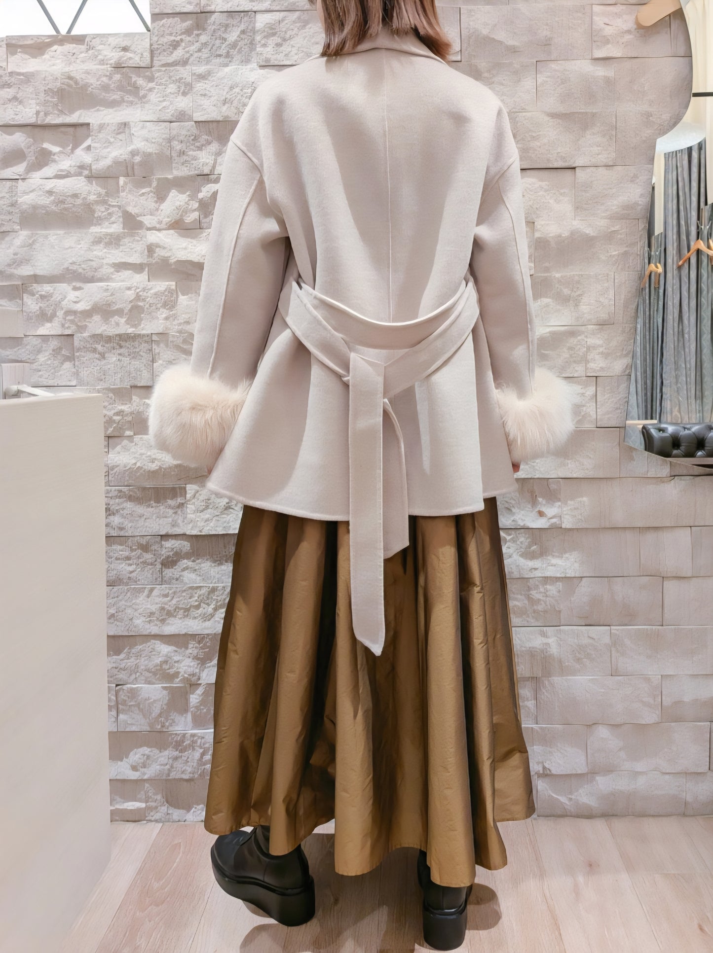 HERENCIA　ウールメルトンフォックスファースリーブショートコート