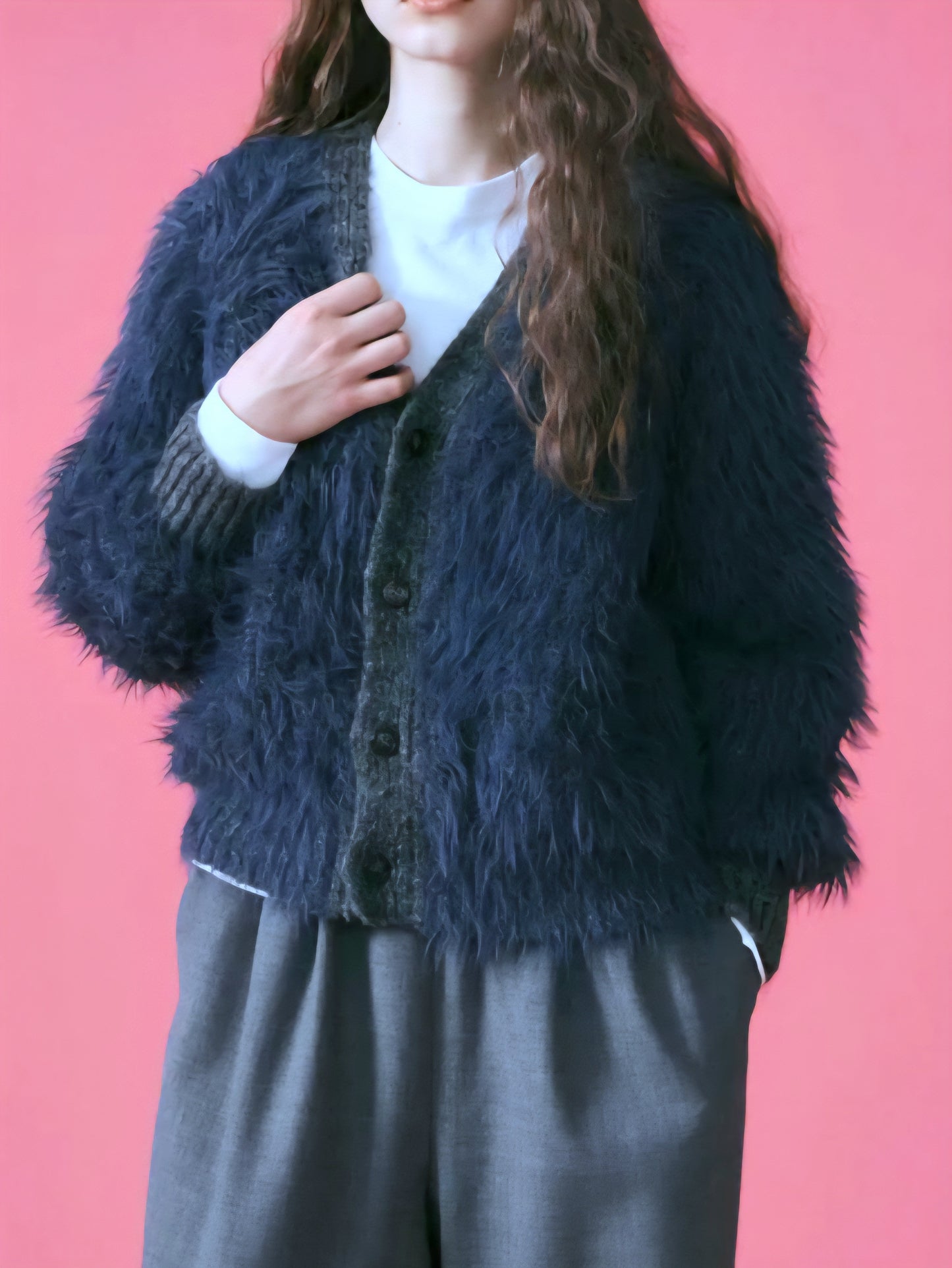 LE MELANGE　バイカラシャギーカーディガン