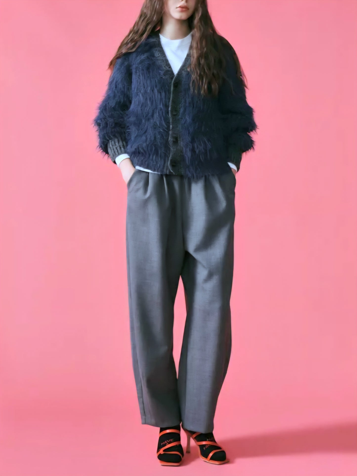 LE MELANGE　バイカラシャギーカーディガン