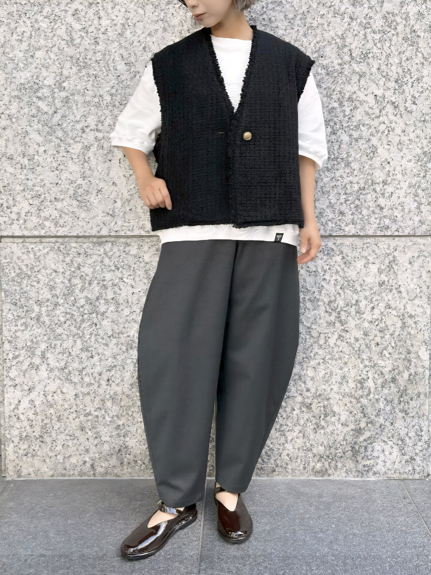 STELLA CIFFON　ワッフルツイードフリンジコクーンショートジレ