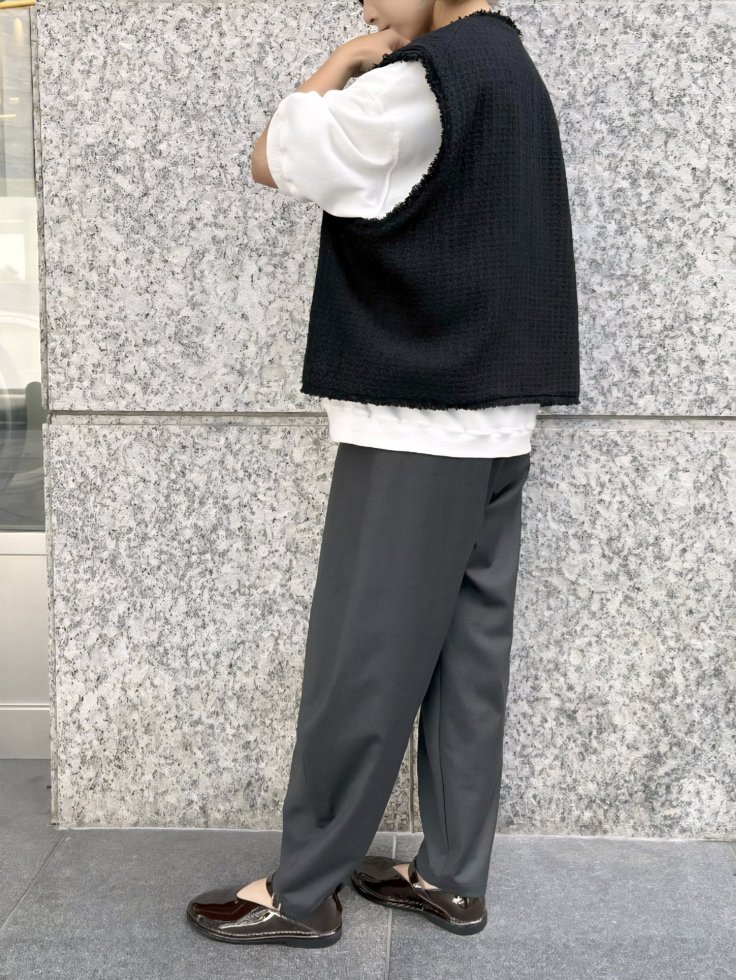 STELLA CIFFON　ワッフルツイードフリンジコクーンショートジレ