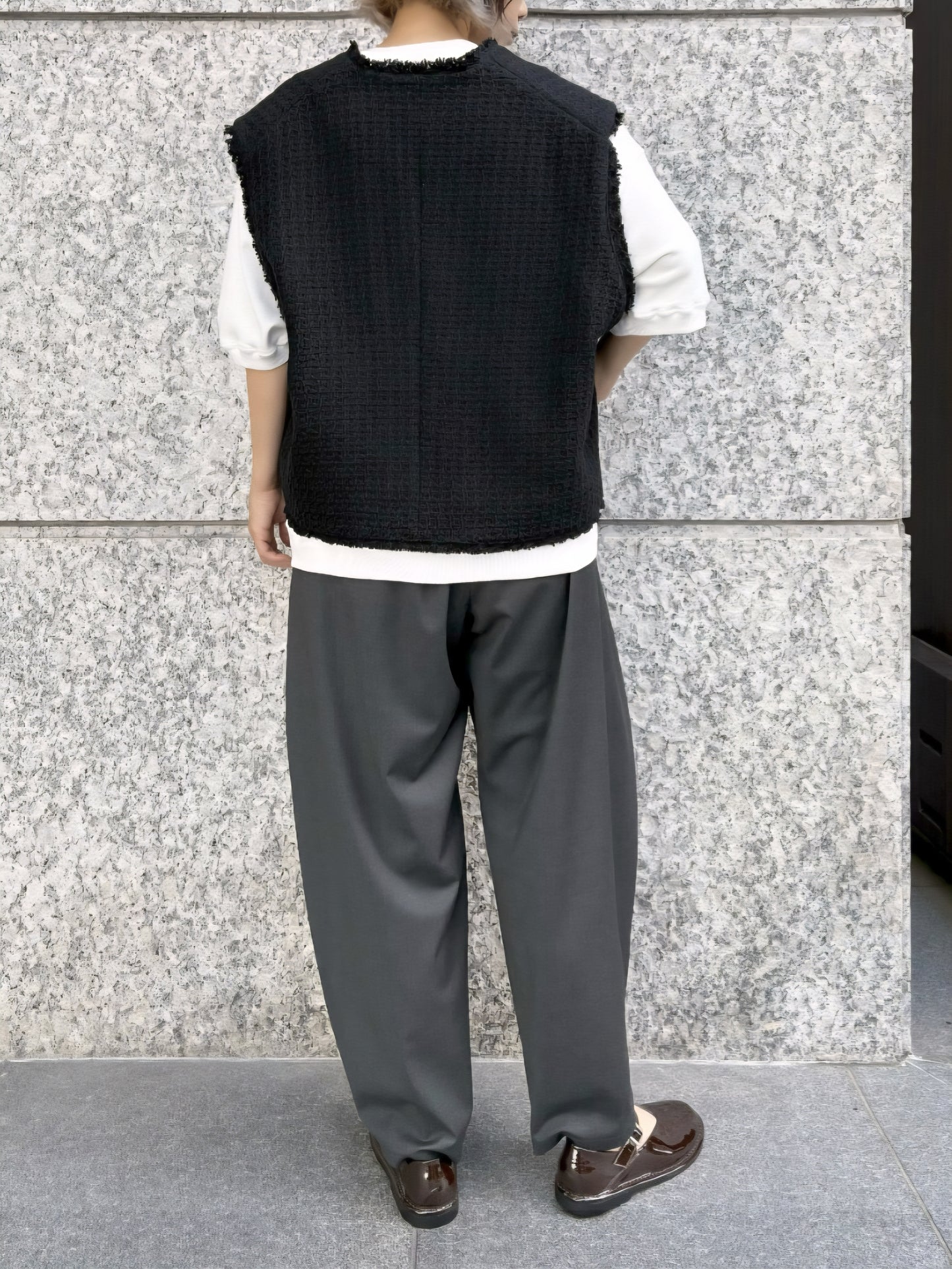 STELLA CIFFON　ワッフルツイードフリンジコクーンショートジレ