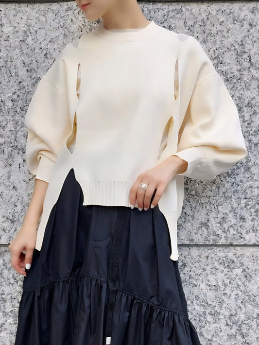 1％ クルーネックホールニット