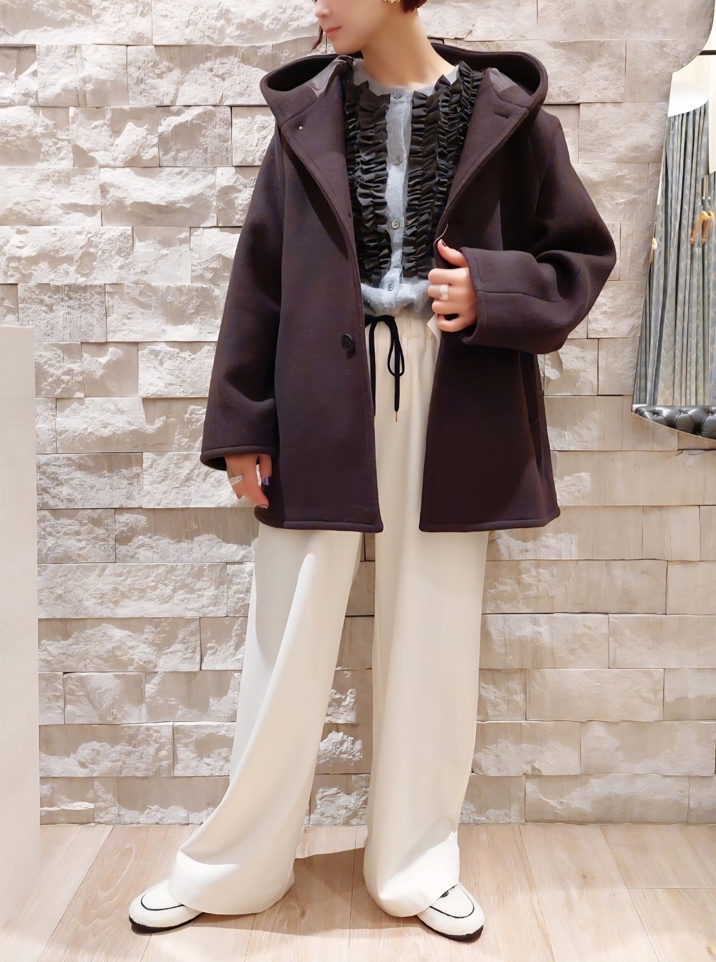 LE MELANGE　ライトウェイトウールメルトンフーディコート