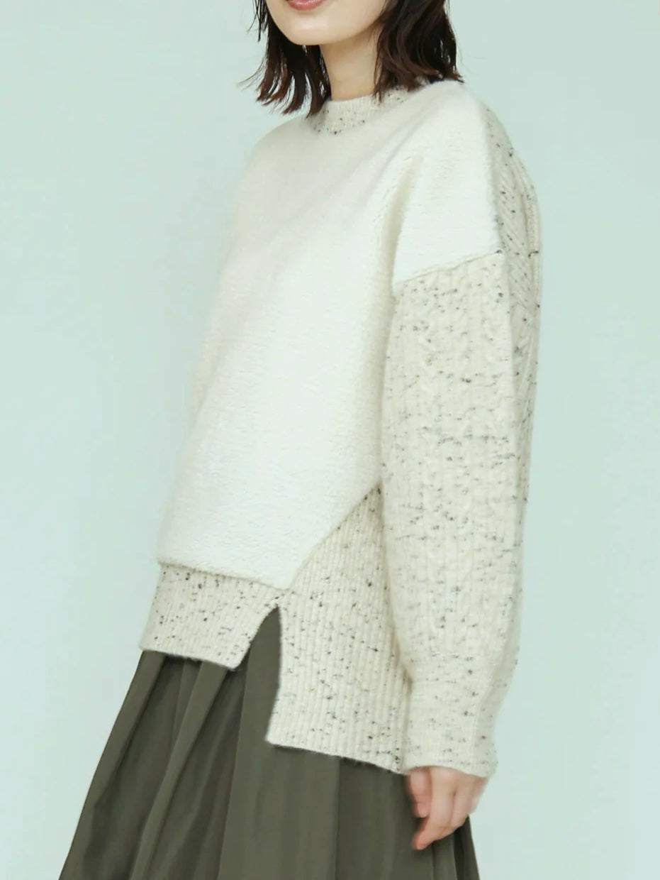 trois　MIXニット×ふわもこボア切替プルオーバー