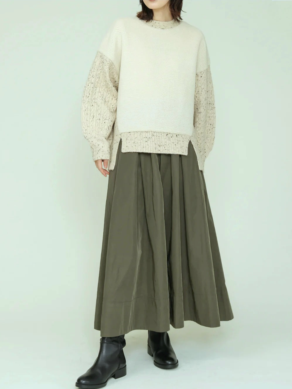 trois　MIXニット×ふわもこボア切替プルオーバー