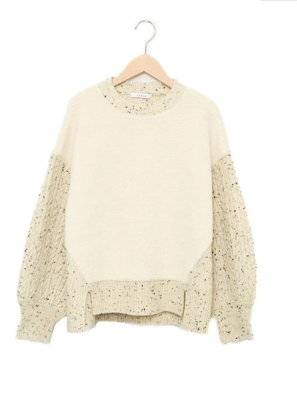 trois　MIXニット×ふわもこボア切替プルオーバー