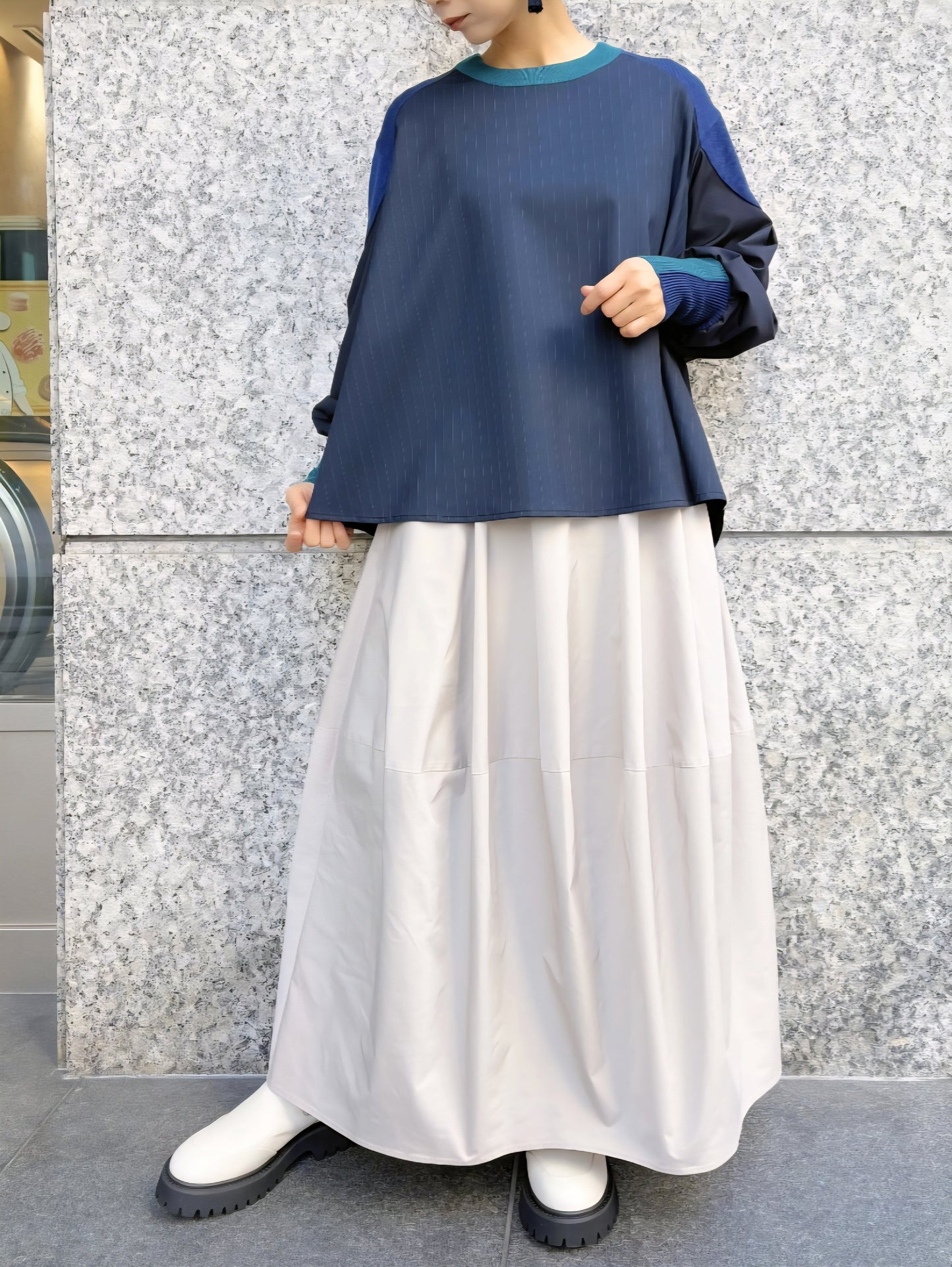 MARECHAL TERRE 布帛×配色ニットストライプフレアブラウスプルオーバー　