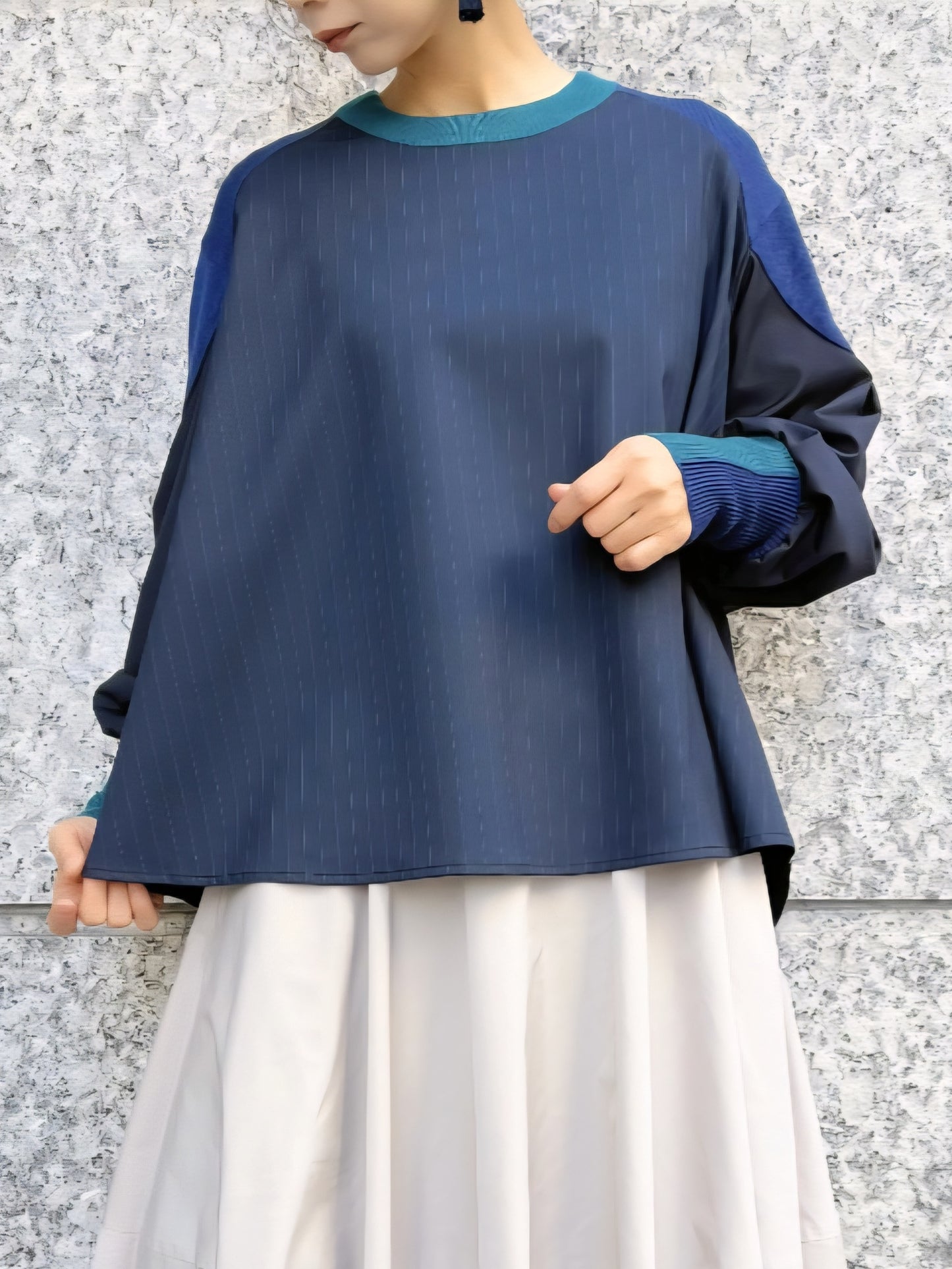 MARECHAL TERRE 布帛×配色ニットストライプフレアブラウスプルオーバー　