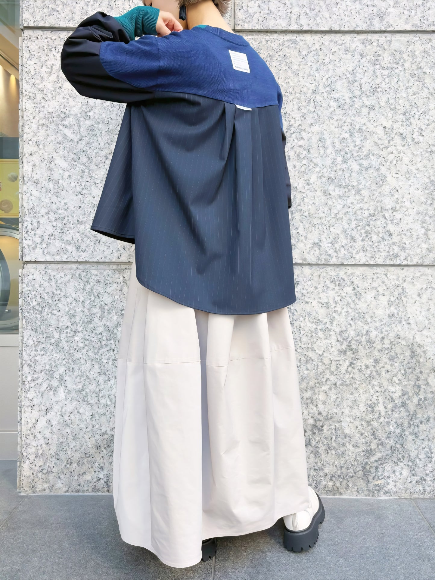 MARECHAL TERRE 布帛×配色ニットストライプフレアブラウスプルオーバー　