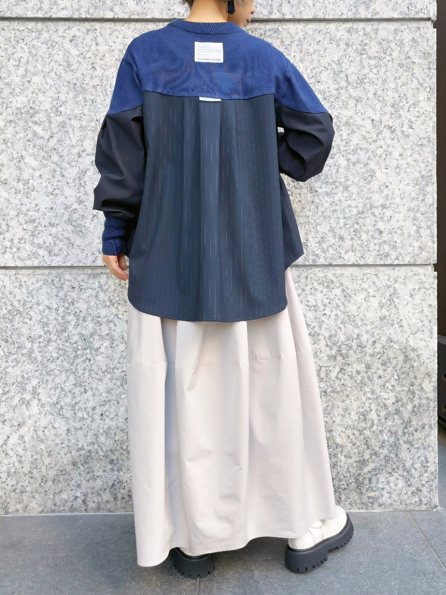 MARECHAL TERRE 布帛×配色ニットストライプフレアブラウスプルオーバー　