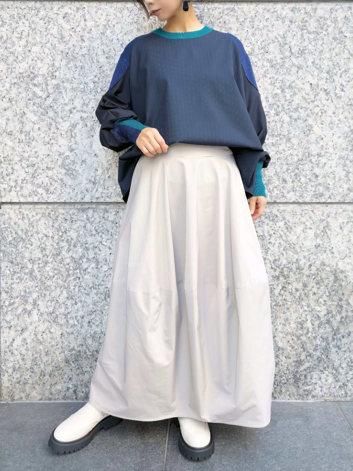 MARECHAL TERRE 布帛×配色ニットストライプフレアブラウスプルオーバー　