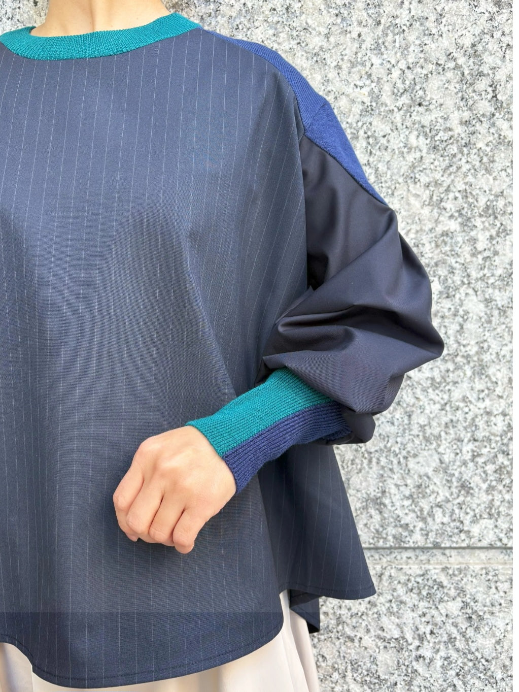 MARECHAL TERRE 布帛×配色ニットストライプフレアブラウスプルオーバー　