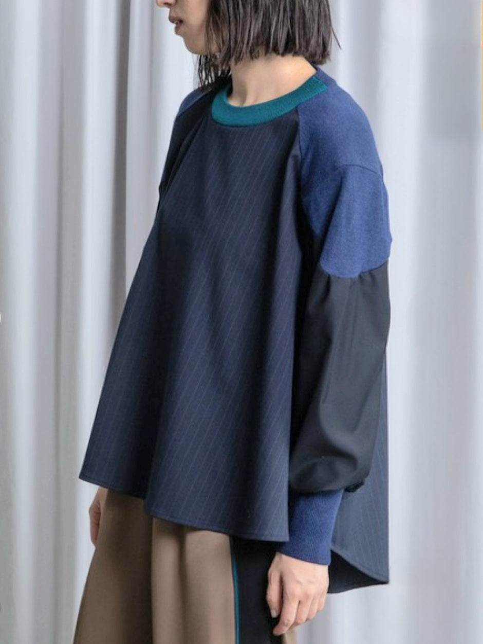 MARECHAL TERRE 布帛×配色ニットストライプフレアブラウスプルオーバー　