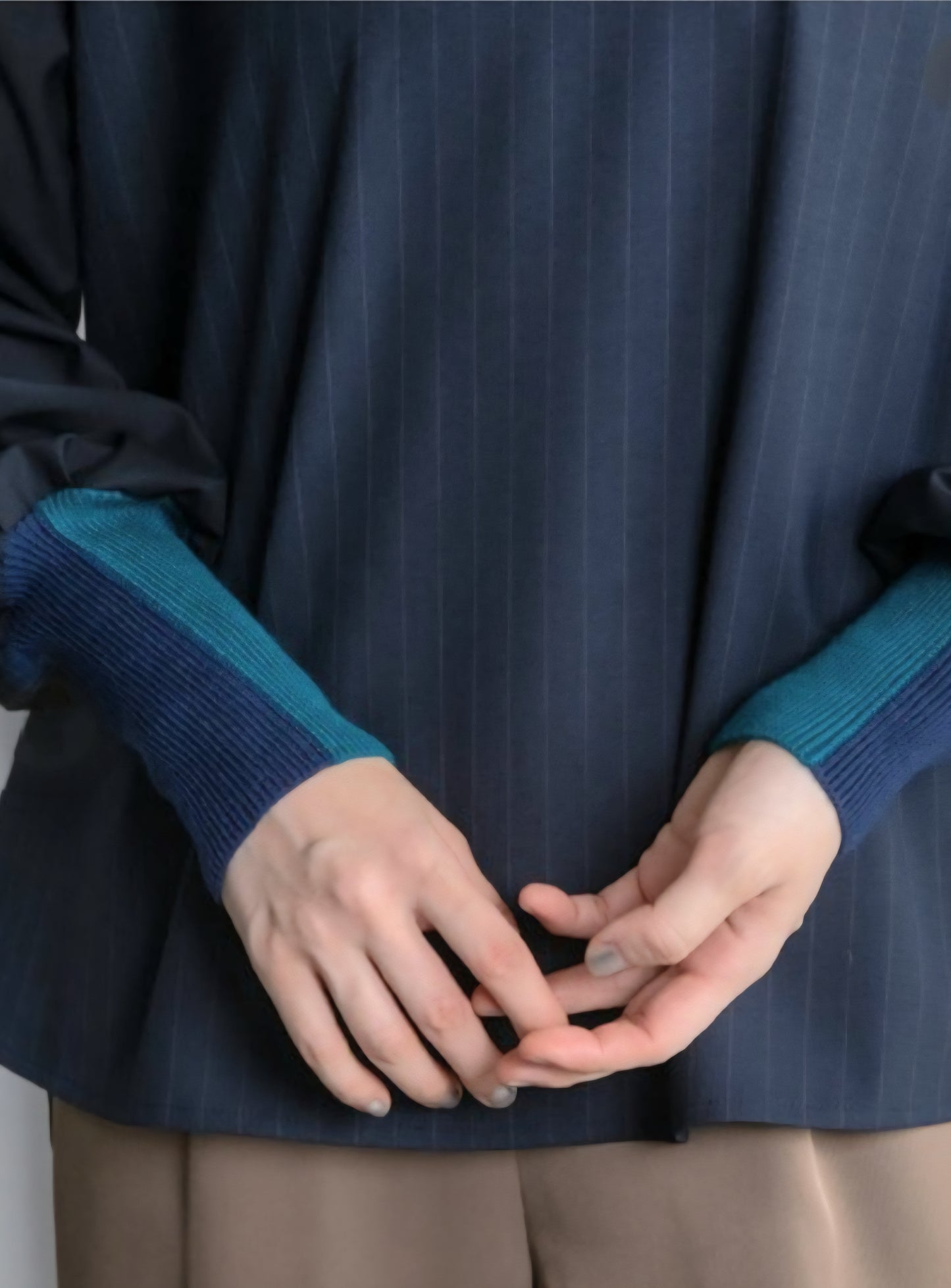 MARECHAL TERRE 布帛×配色ニットストライプフレアブラウスプルオーバー　