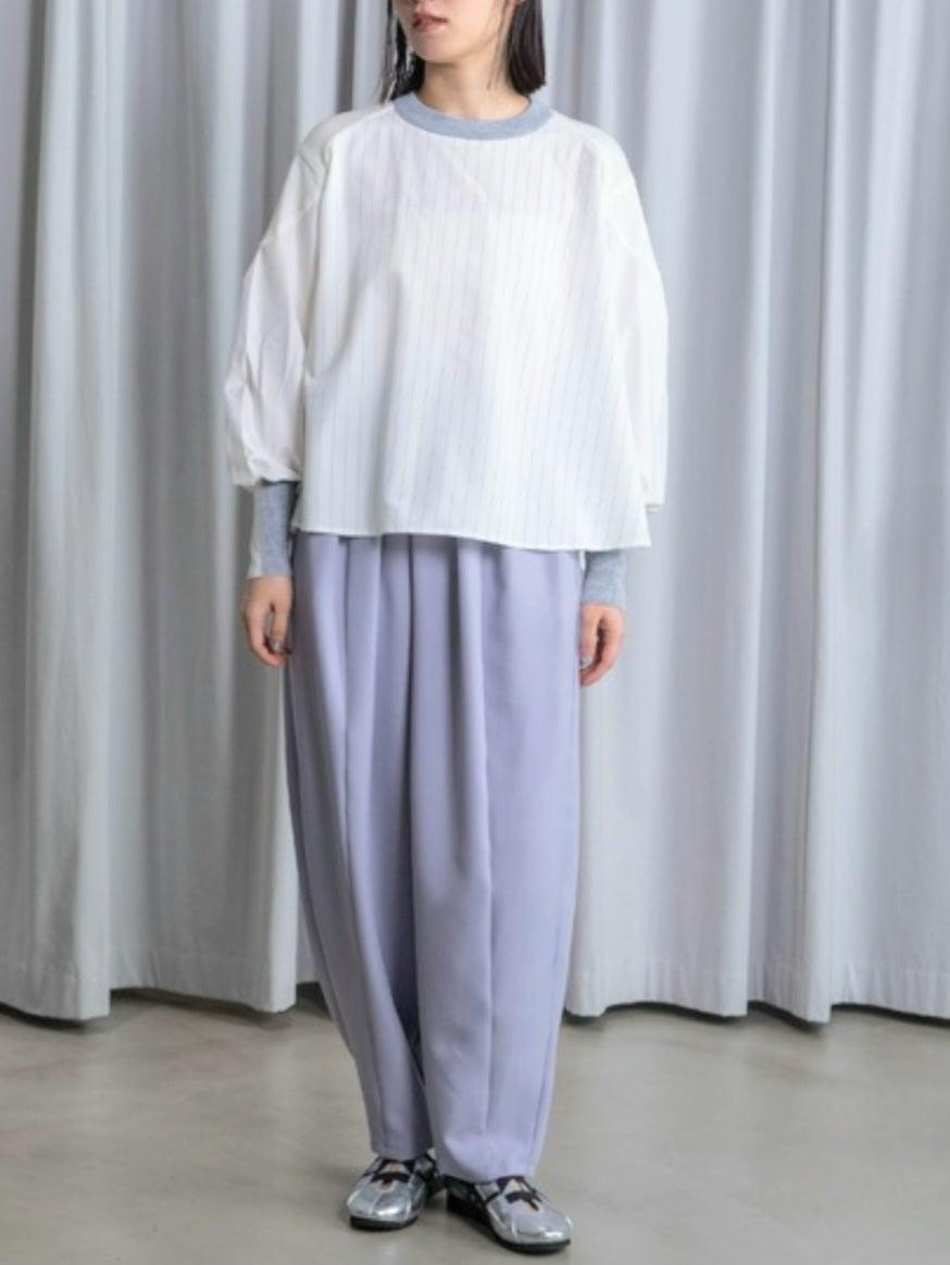 MARECHAL TERRE 布帛×配色ニットストライプフレアブラウスプルオーバー　