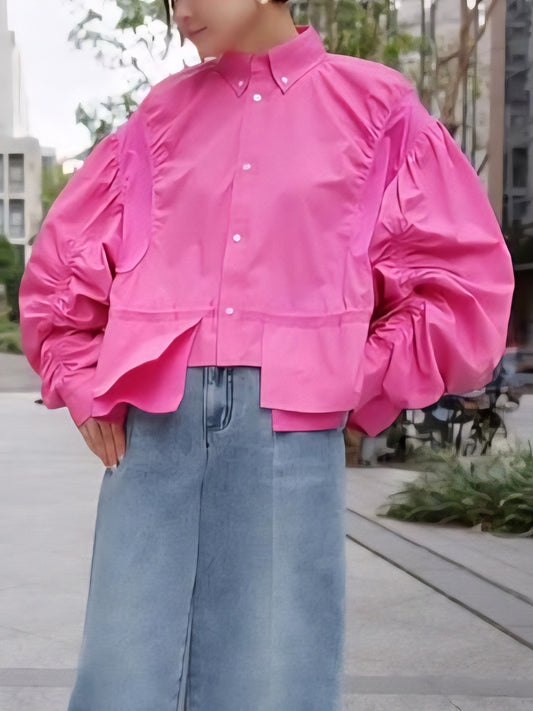 【SALE】1％　ギャザースリーブ裾ランダムブラウス