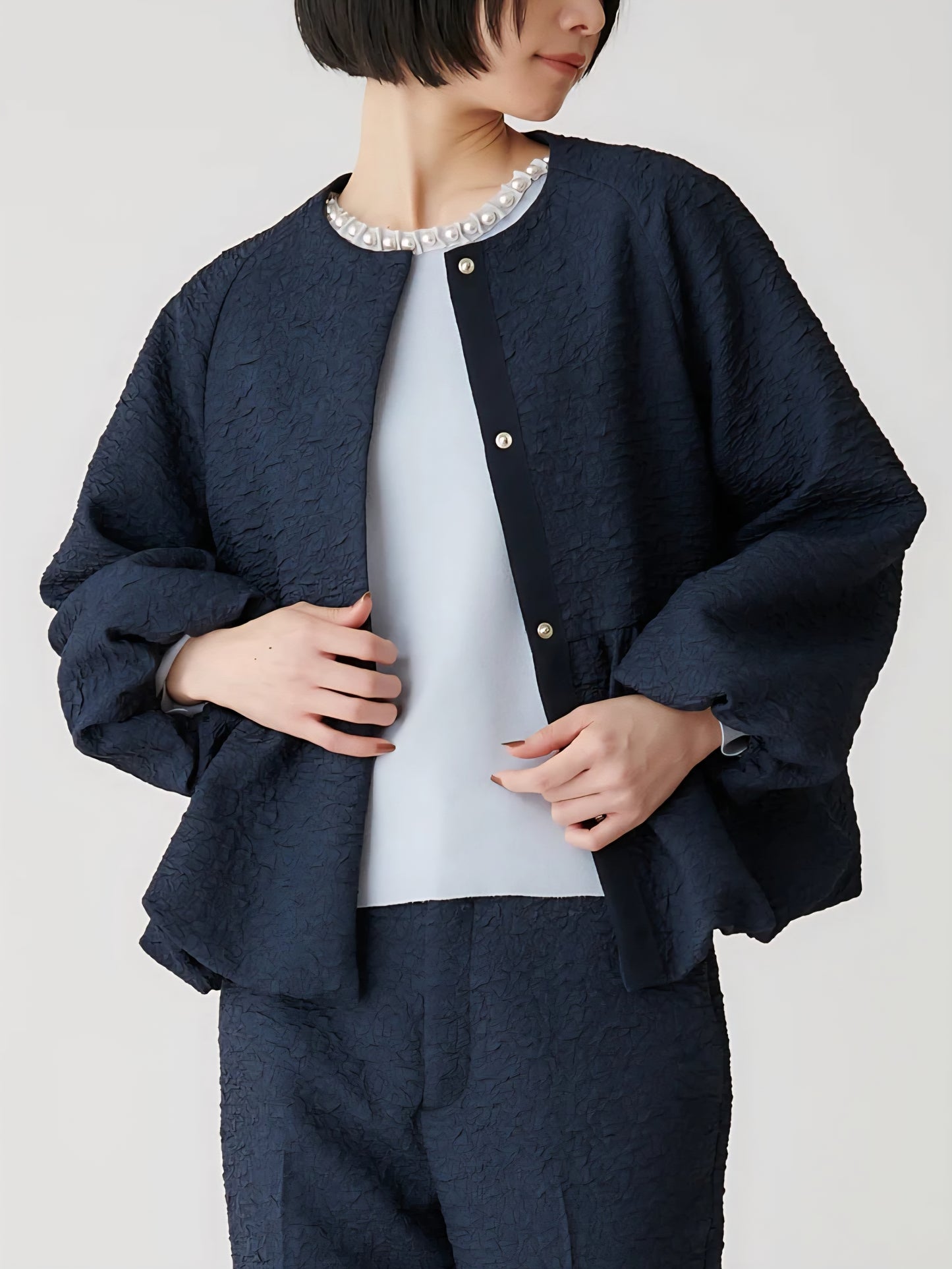 BRAHMIN ふくれジャガードノーカラーペプラムジャケット