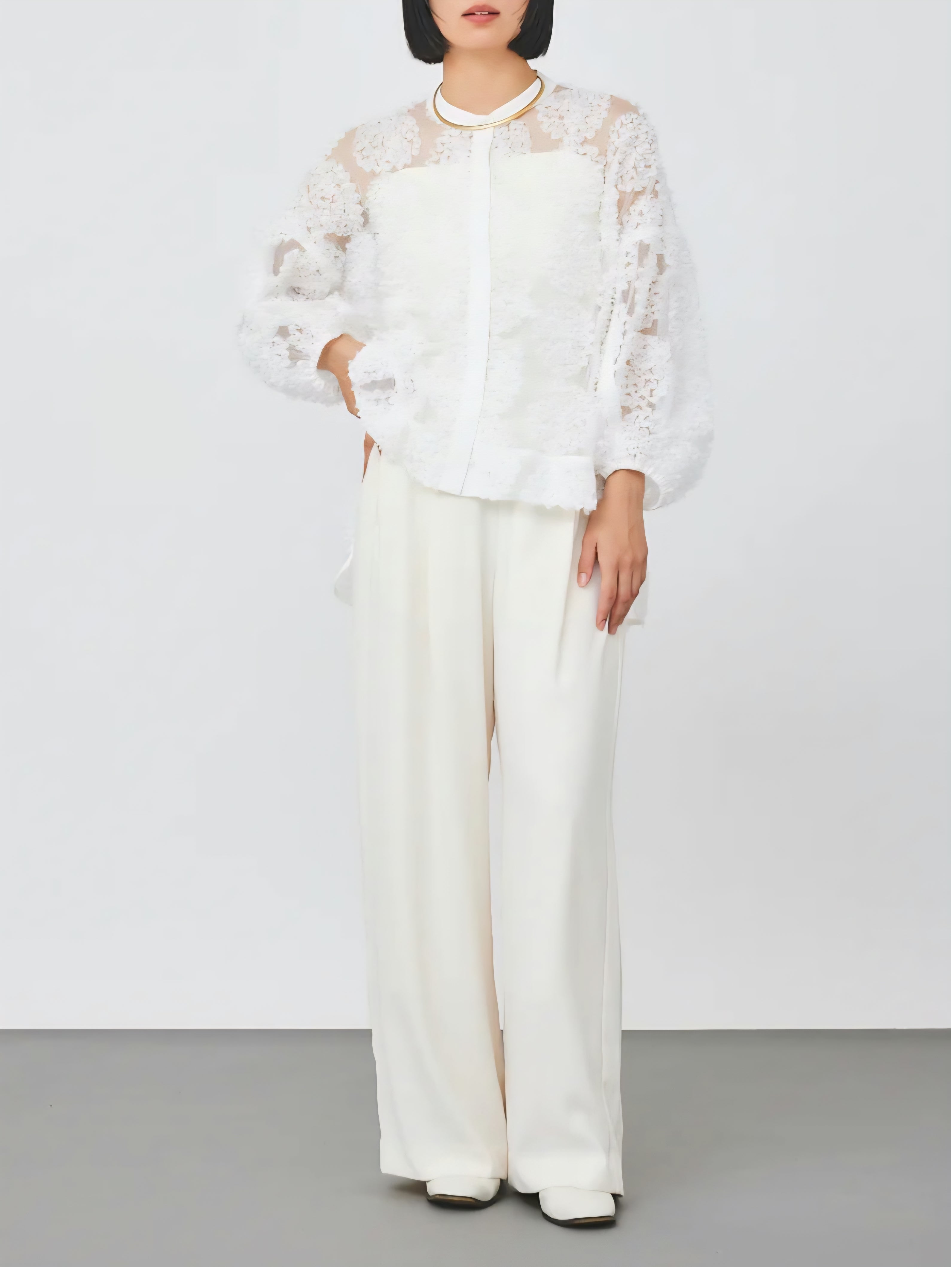 TORRAZZO DONNA フラワーレースバンドカラーふわ袖チュールブラウス