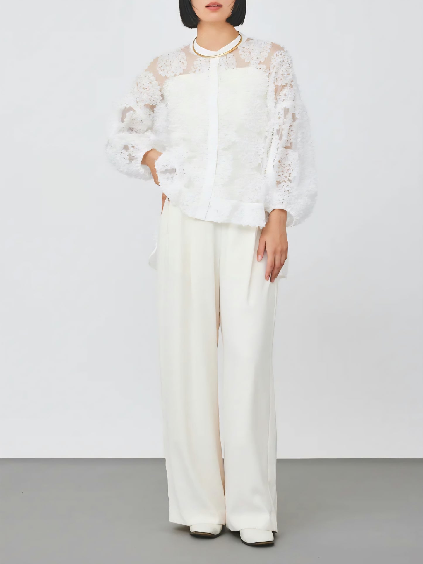 TORRAZZO DONNA フラワーレースバンドカラーふわ袖チュールブラウス