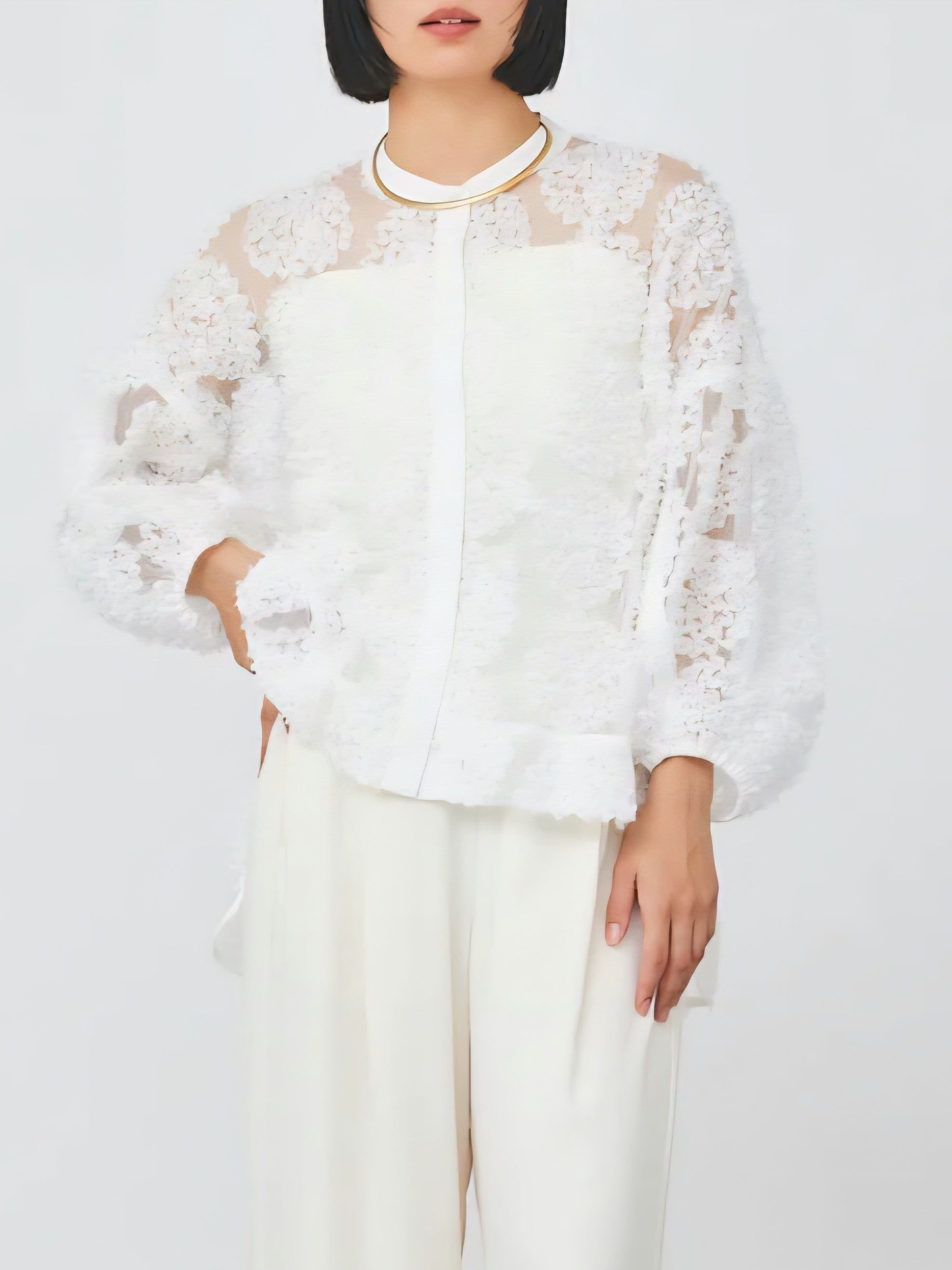 TORRAZZO DONNA フラワーレースバンドカラーふわ袖チュールブラウス